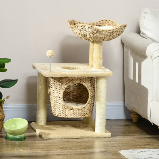 Arbre à chat bois sisal intérieur quenouille tressée panier 45x40x74cm beige - ComfortXL Outdoor Living - Image 4