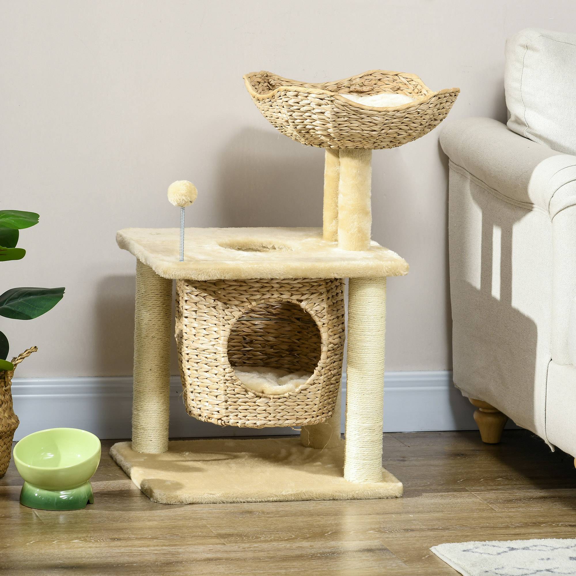 Arbre à chat bois sisal intérieur quenouille tressée panier 45x40x74cm beige - ComfortXL Outdoor Living - Image 4