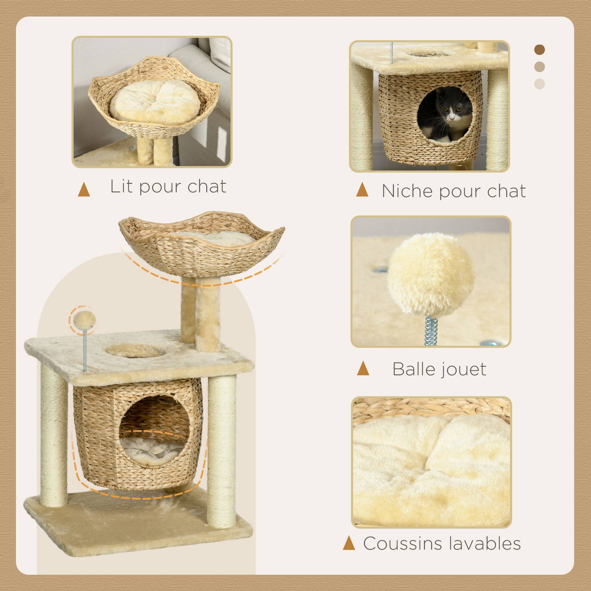 Arbre à chat bois sisal intérieur quenouille tressée panier 45x40x74cm beige - ComfortXL Outdoor Living - Image 7