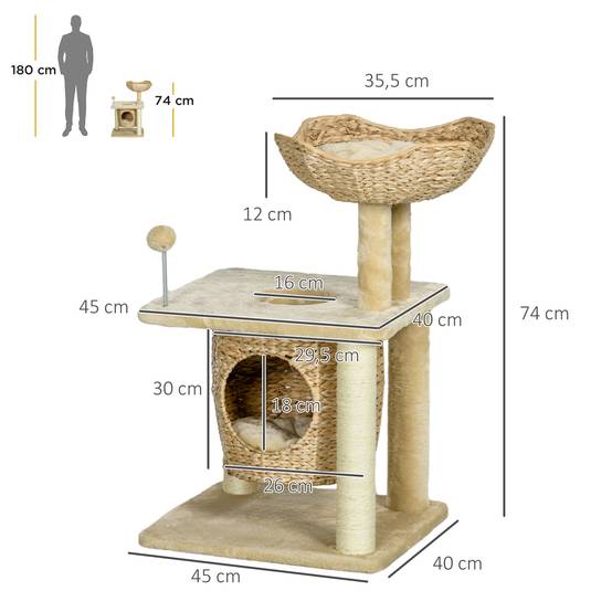 Arbre à chat bois sisal intérieur quenouille tressée panier 45x40x74cm beige - ComfortXL Outdoor Living - Image 5