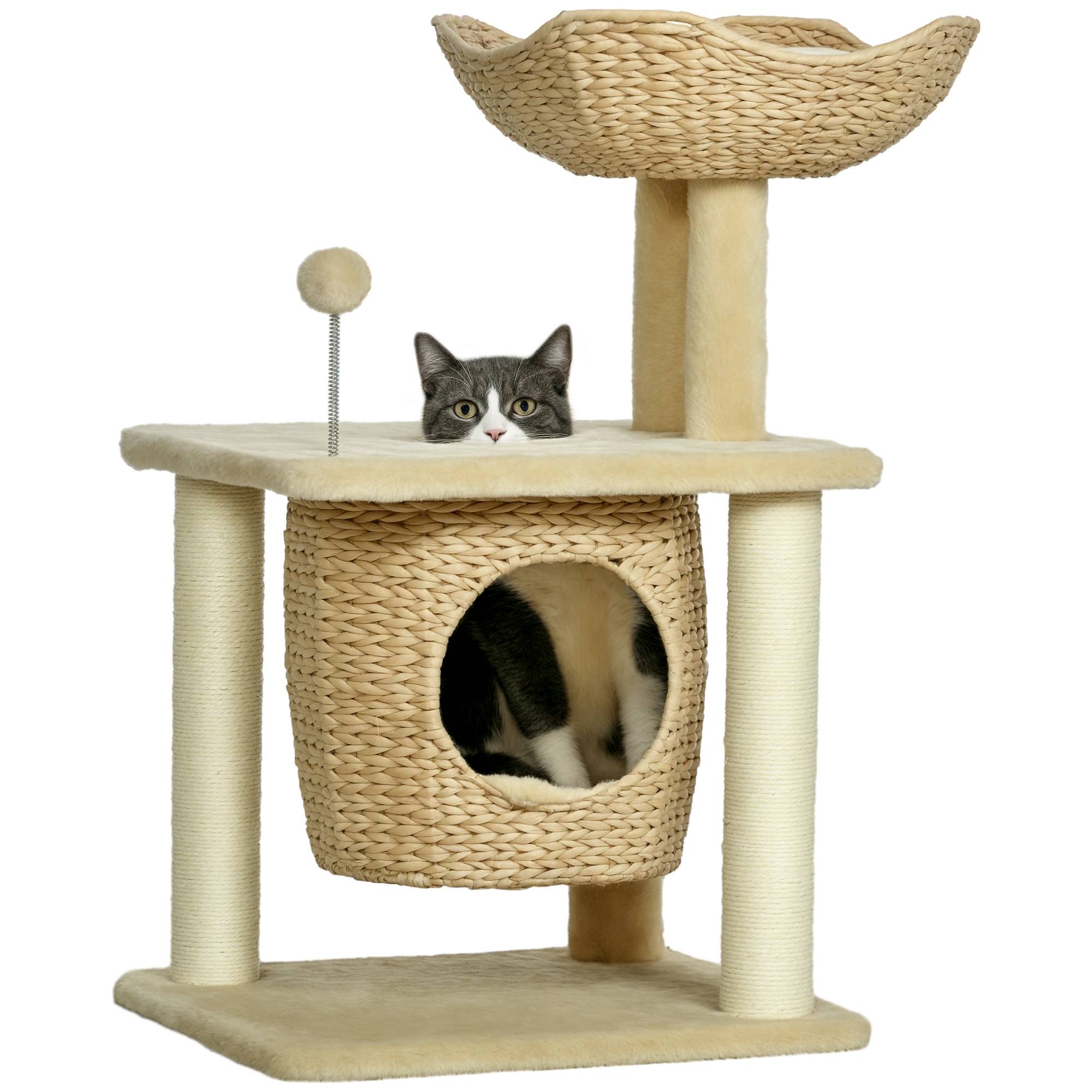 Arbre à chat bois sisal intérieur quenouille tressée panier 45x40x74cm beige - ComfortXL Outdoor Living - Image 1