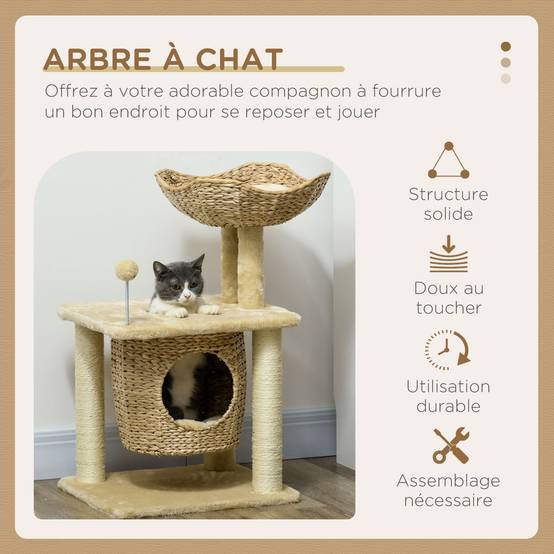 Arbre à chat bois sisal intérieur quenouille tressée panier 45x40x74cm beige - ComfortXL Outdoor Living - Image 6