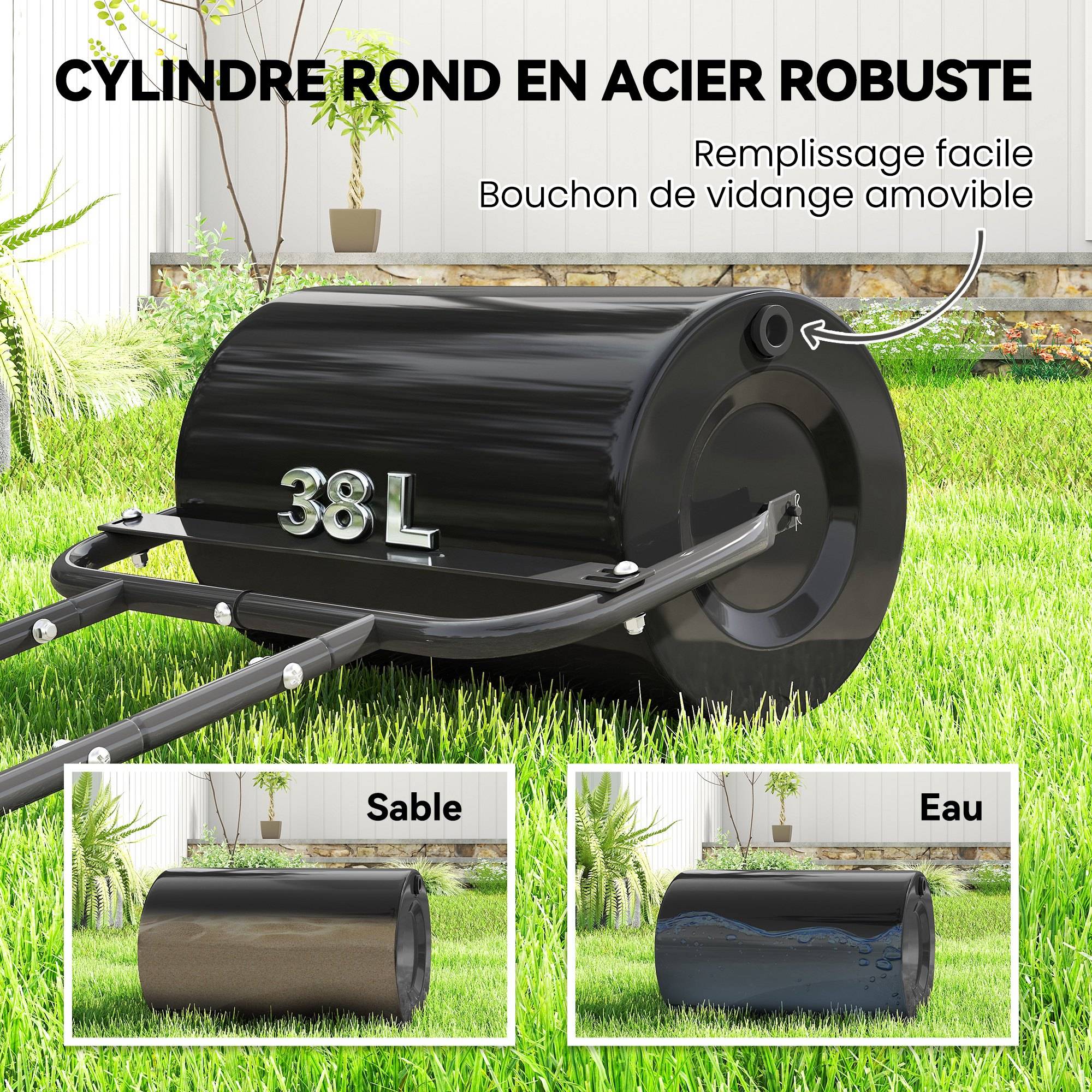Outsunny - Rouleau à gazon jardin 59x32x113 cm avec poignée lestage max. 38L acier noir - Outsunny - Image 4