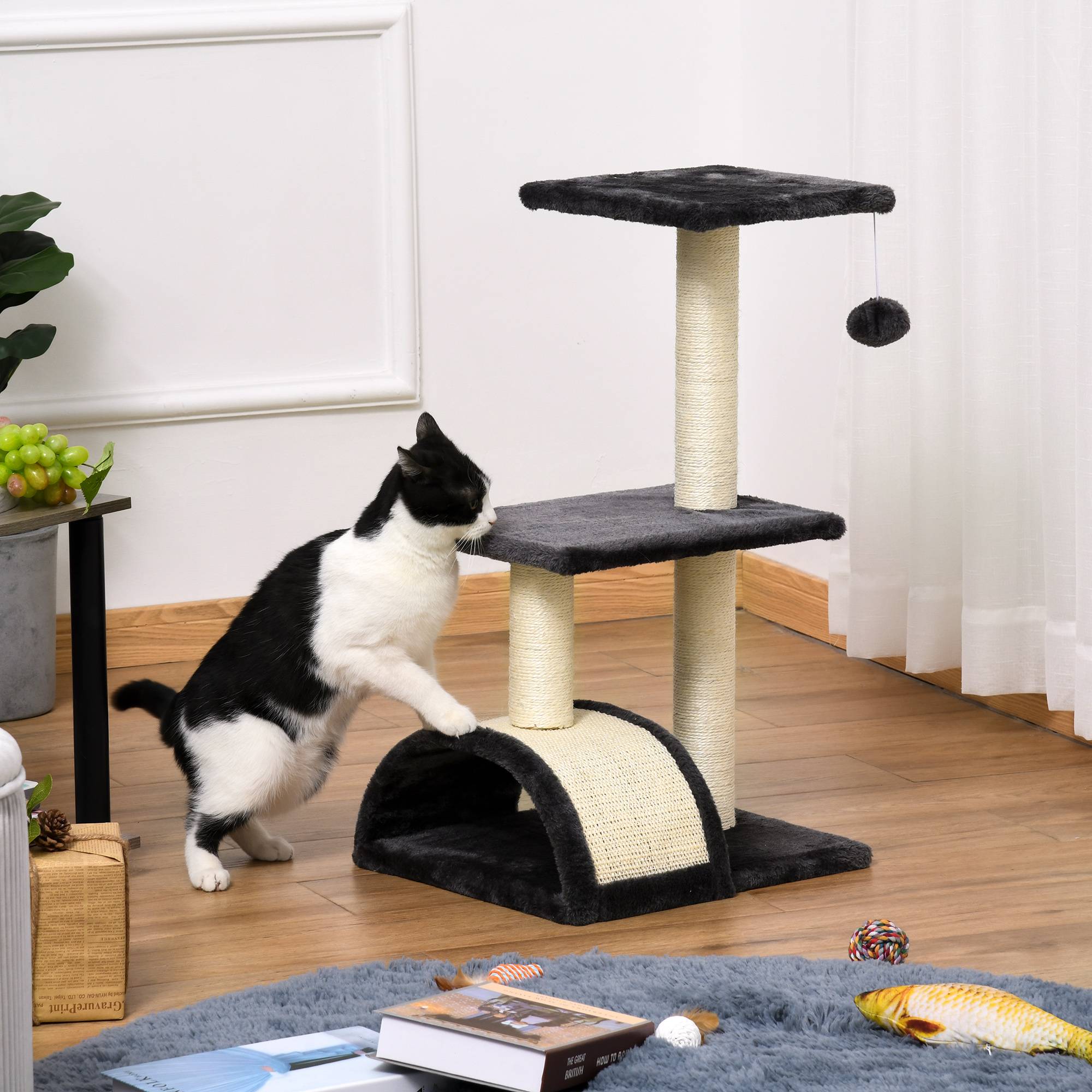 Arbre à chat PawHut 72 cm balle suspendue centre activités compact gris foncé - Image 4