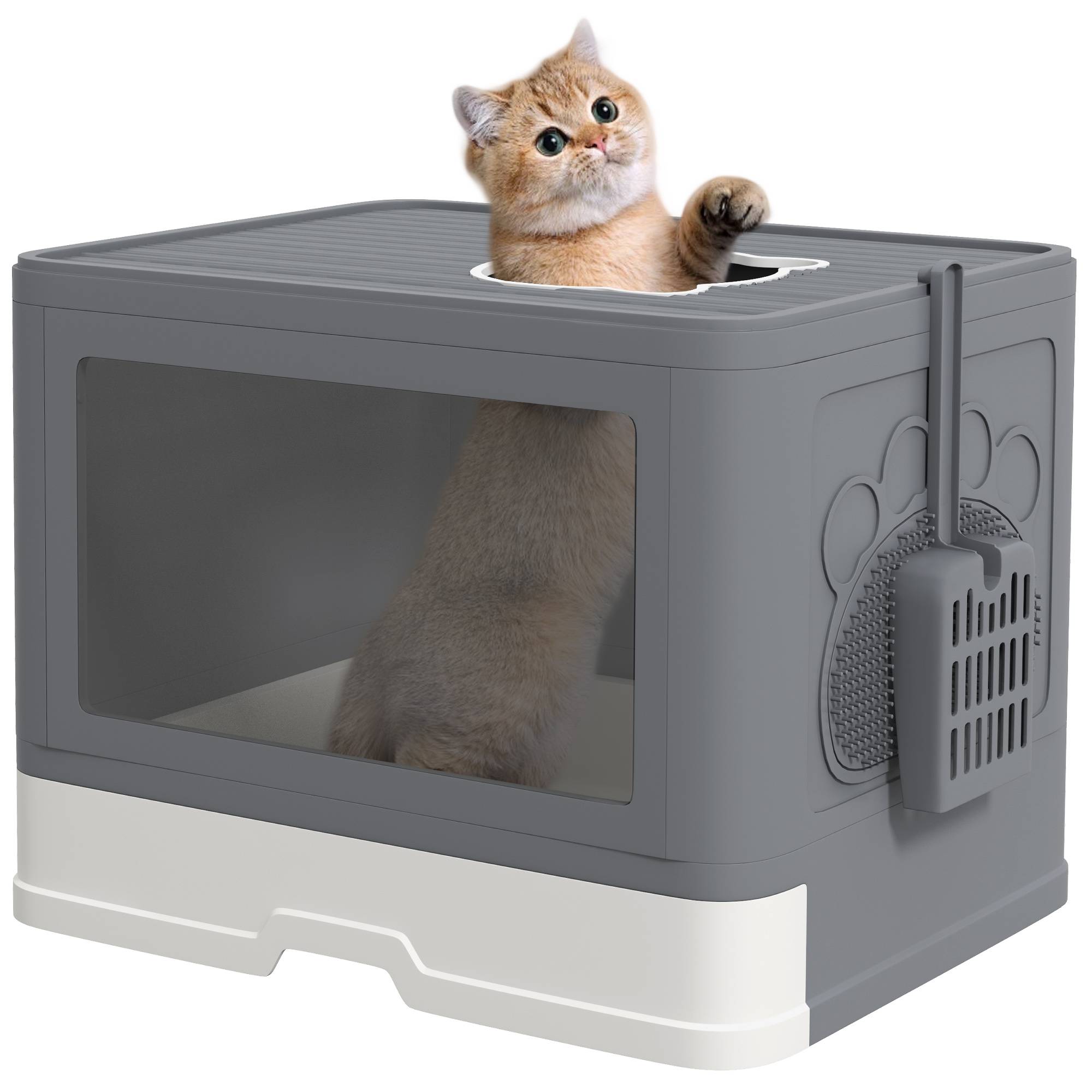Litière chat couverte pelle brosse 2 portes entrée principale sortie haute 48,5x38x36,5 cm gris - Image 1