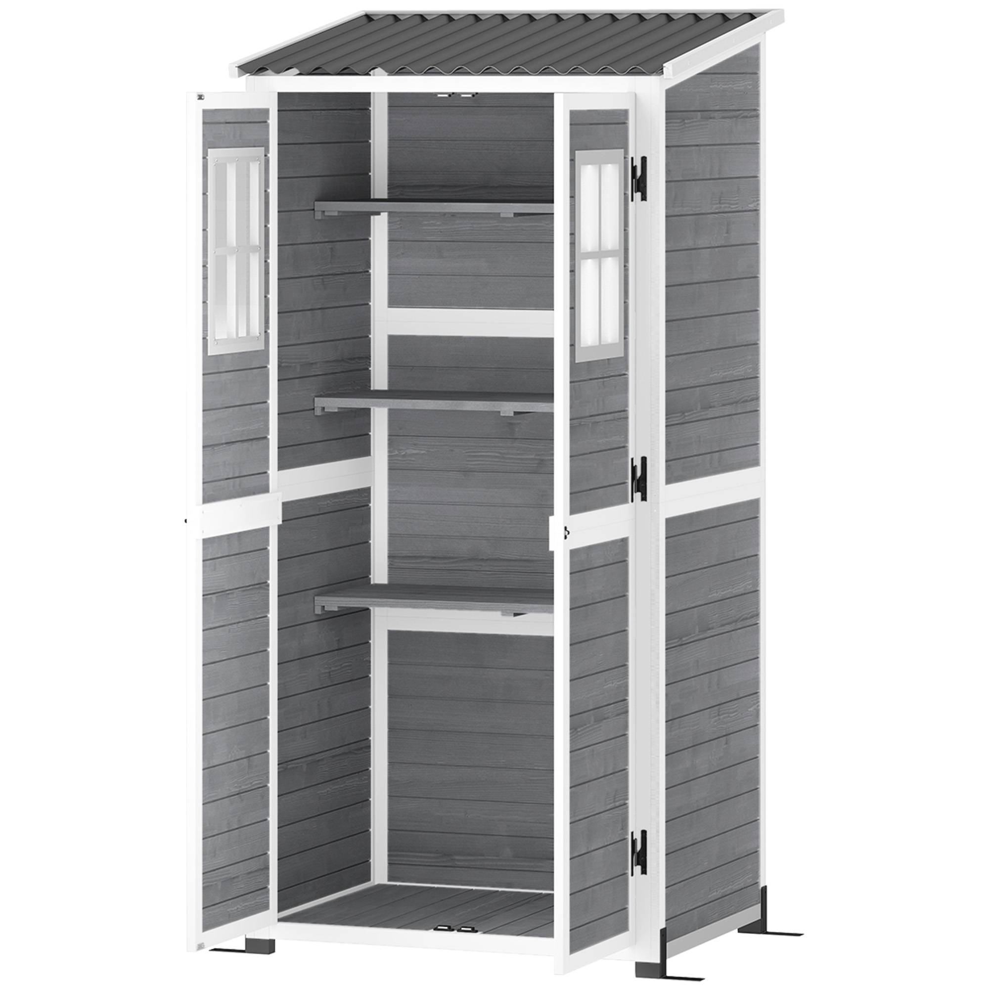 Abri de jardin en bois avec étagères réglables, deux portes verrouillables et fenêtres, gris - Image 2