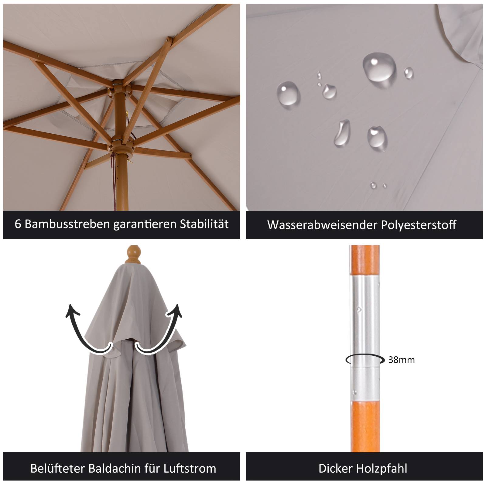 Parasol droit extérieur bambou polyester jardin terrasse protection UV Ø250cm gris - ComfortXL Outdoor Living - Image 4