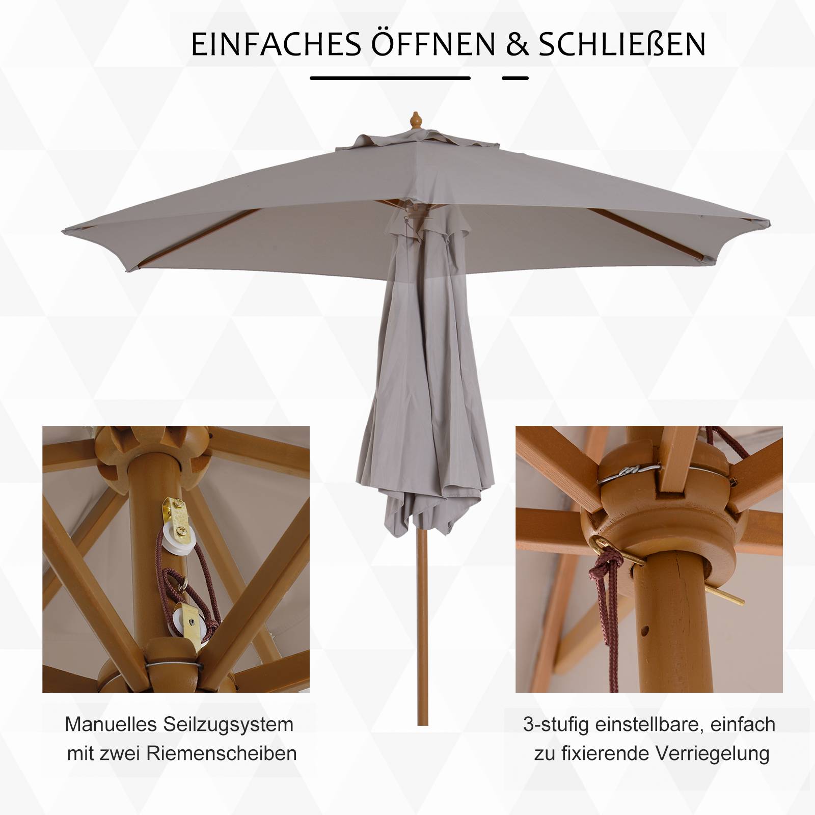Parasol droit extérieur bambou polyester jardin terrasse protection UV Ø250cm gris - ComfortXL Outdoor Living - Image 5
