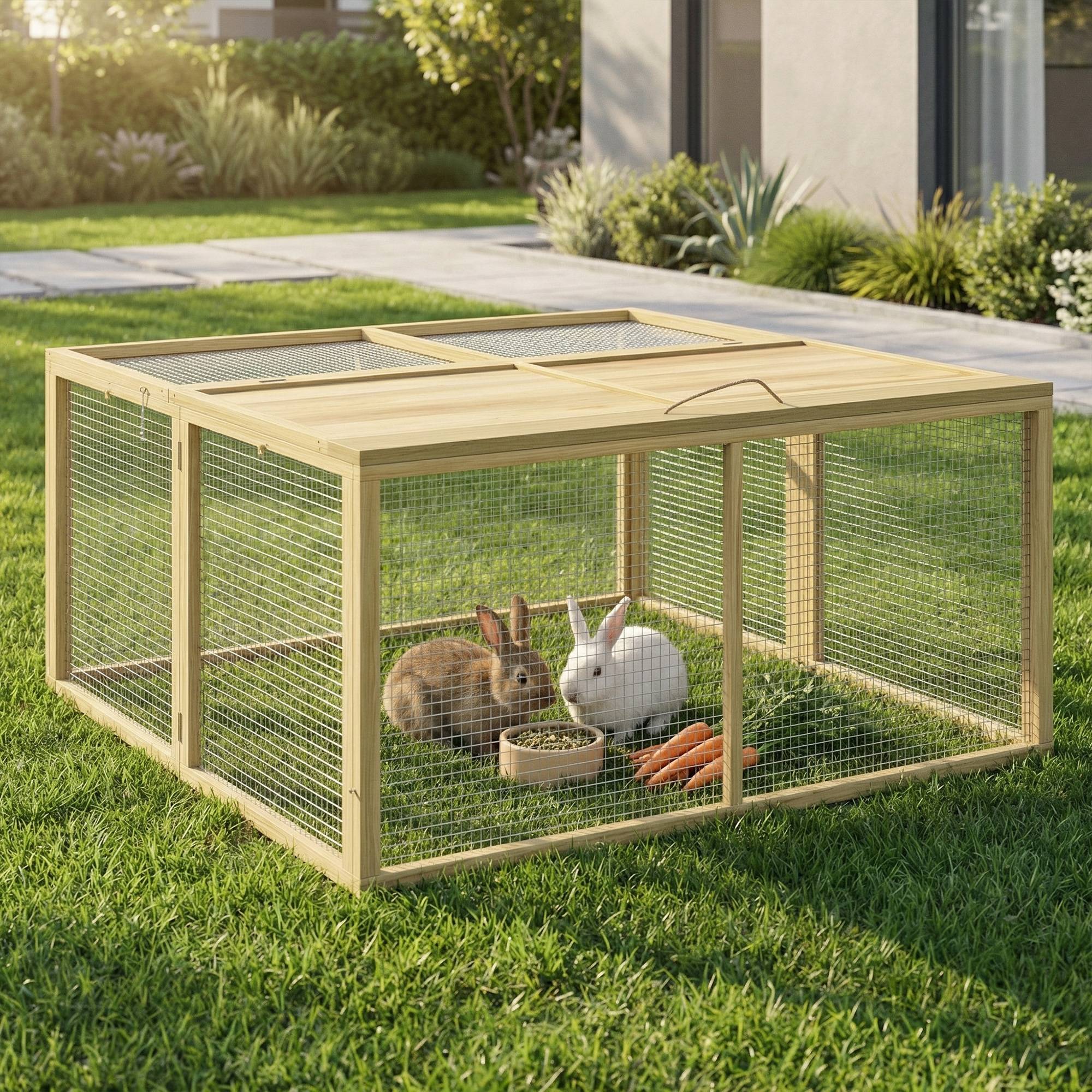 Cage petits animaux, lapins, toit ouvrant, sapin, 120 x 120 x 57 cm, naturel - Image 4