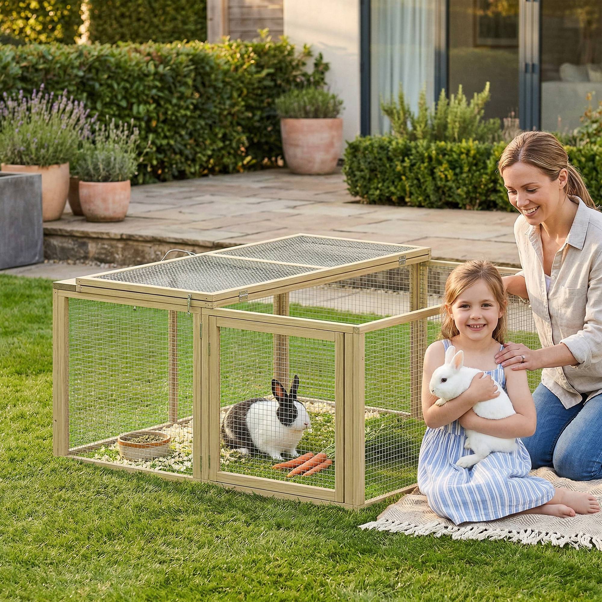 Cage petits animaux, lapins, toit ouvrant, sapin, 120 x 120 x 57 cm, naturel - Image 3