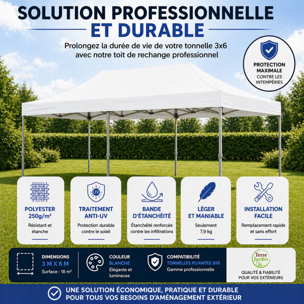 Terre Jardin - Toit de rechange pour tonnelle pliante 3 x 6 professionnelle Unité Blanc - Imagen 2