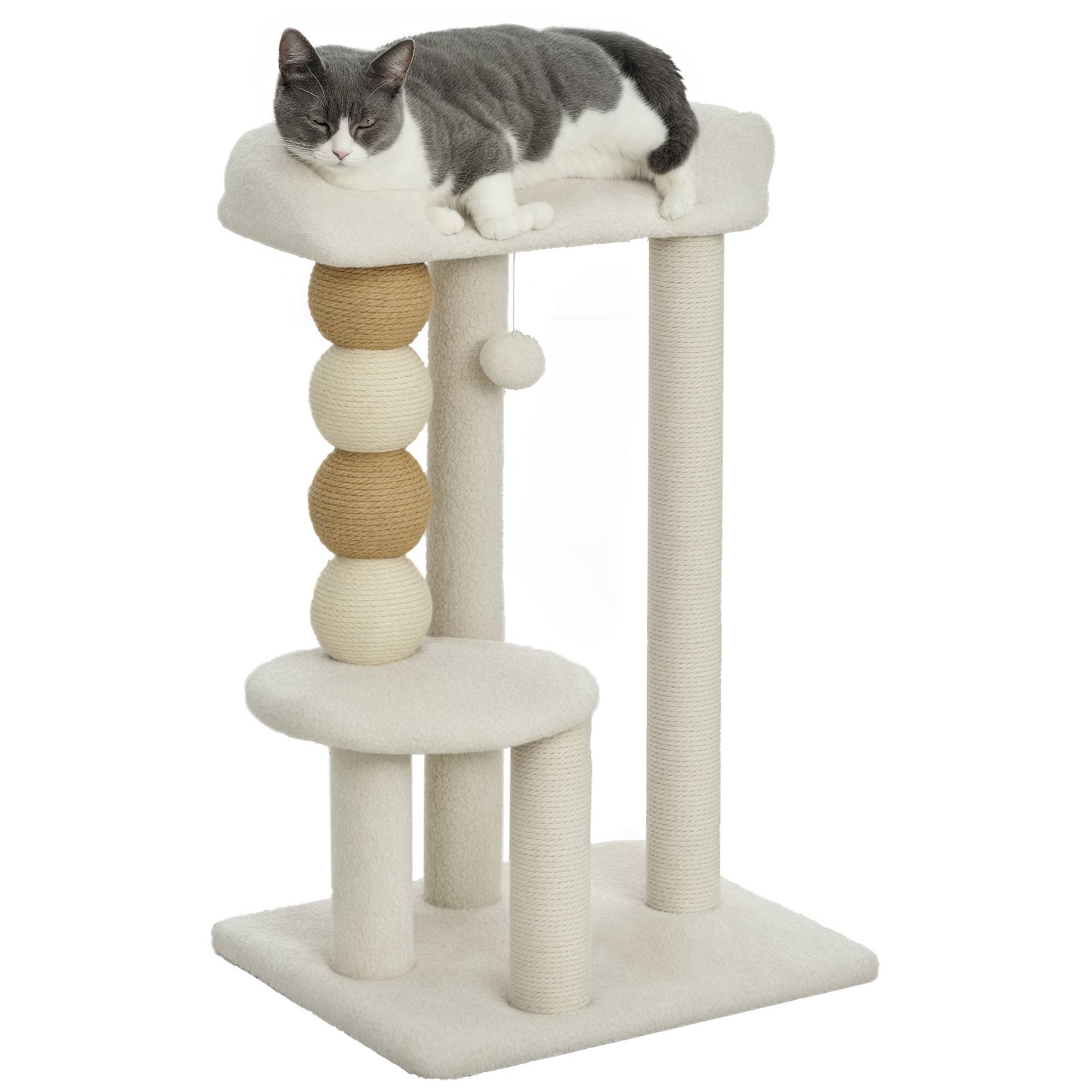 arbre à chat bois couchage plateforme balle jute peluche mobilier chat 48,5x40x76 cm beige griffoir compact