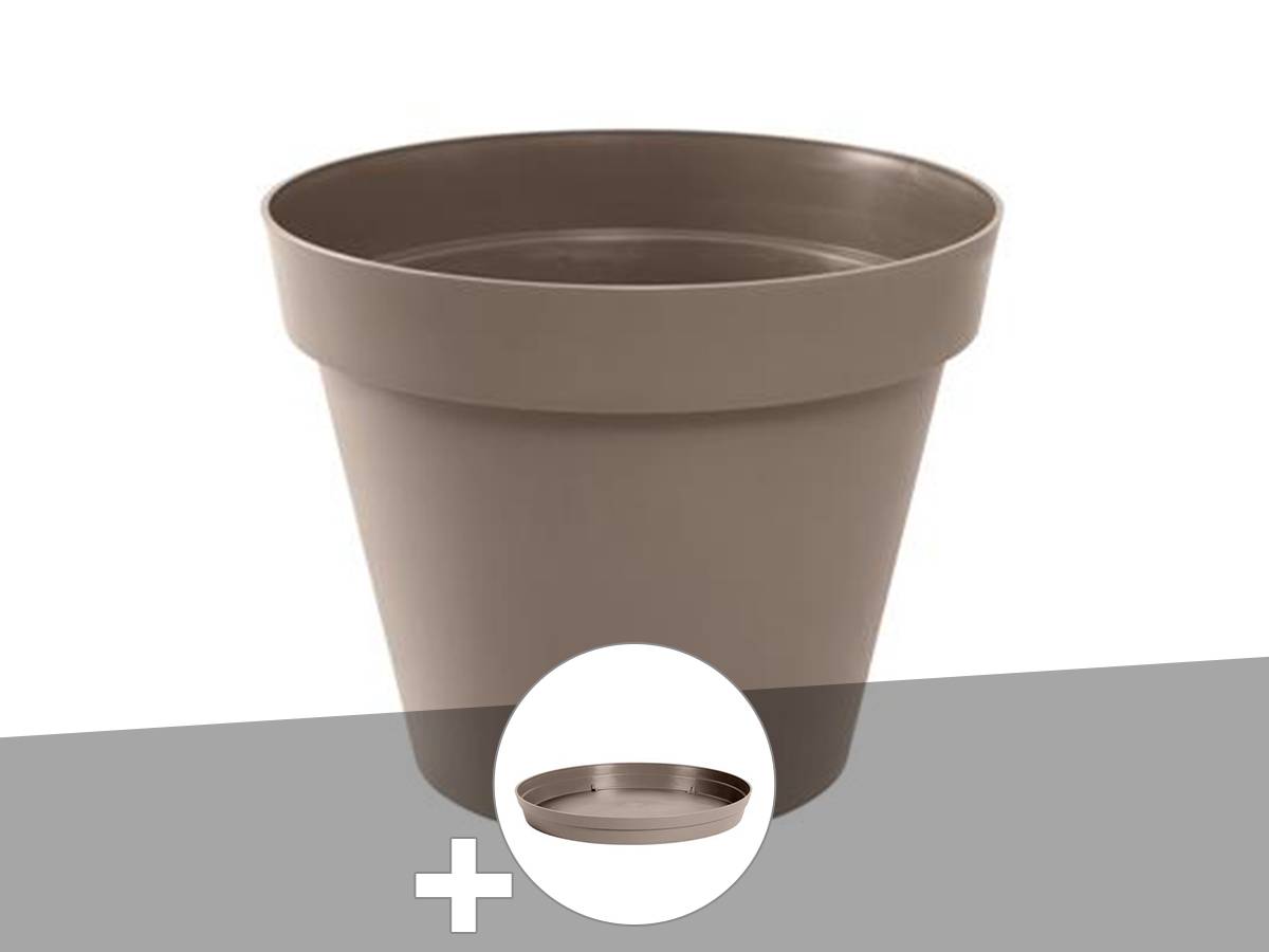 Eda - Pot de fleur rond Toscane Ø 60 x H.47 cm Taupe + Soucoupe - Eda