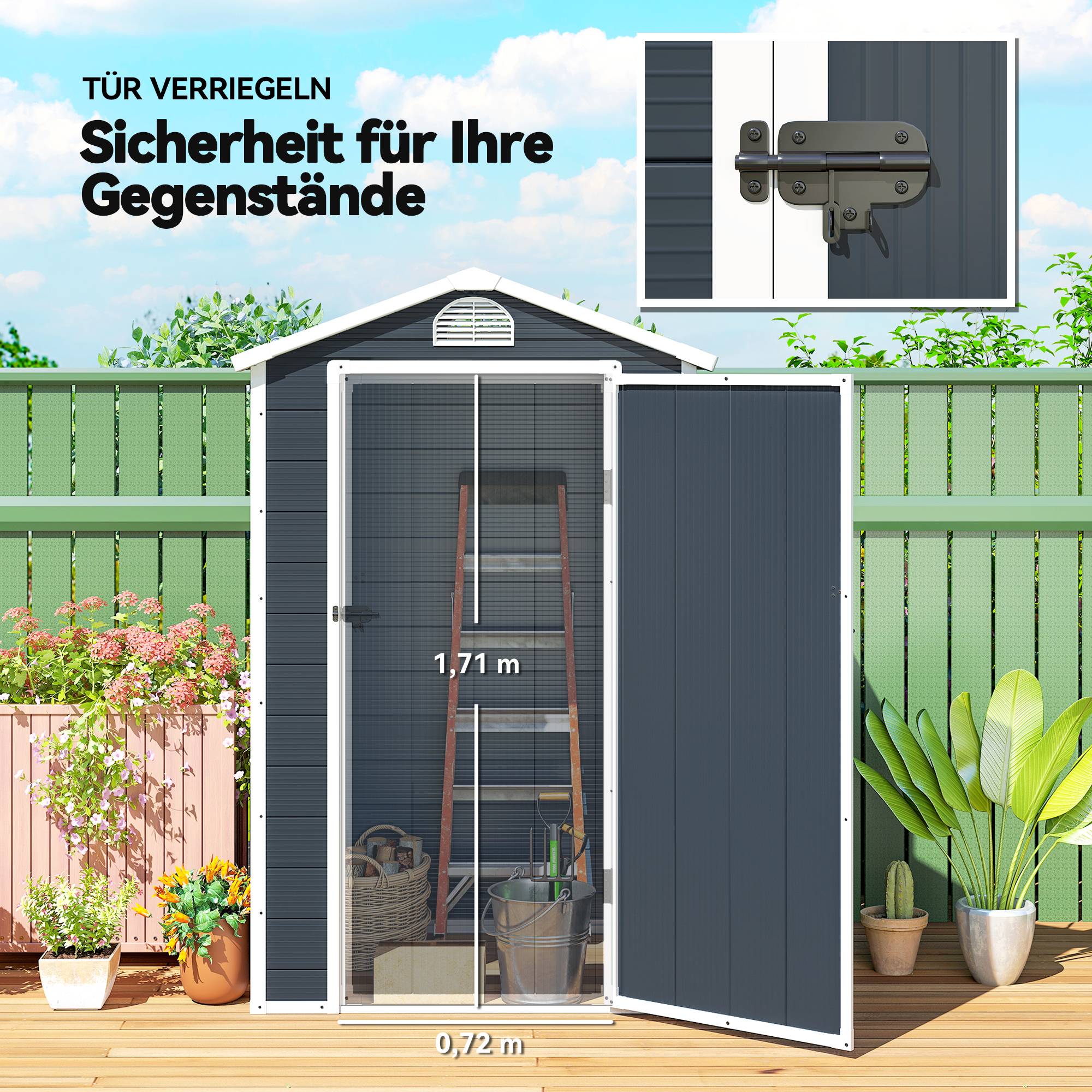 Abri équipement 1,1m², toit double pente, 134x104x204cm plastique verrouillable fenêtre gris foncé - Image 9