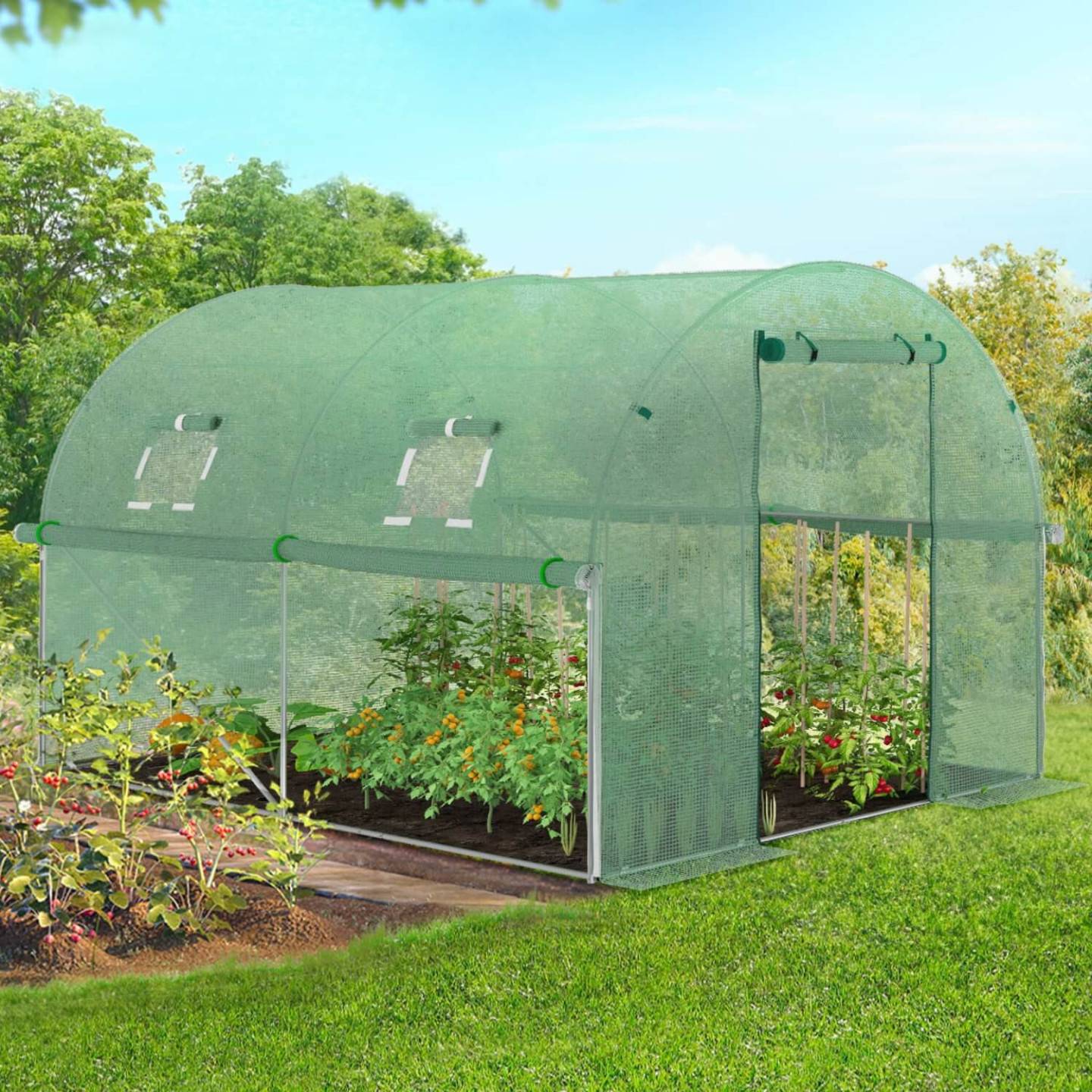 IDMARKET - Serre de jardin tunnel 6m² 3 x 2 x 2 m acier galvanisé + bâche anti-UV avec porte et fenêtres ROMA verte toutes saisons - Image 1