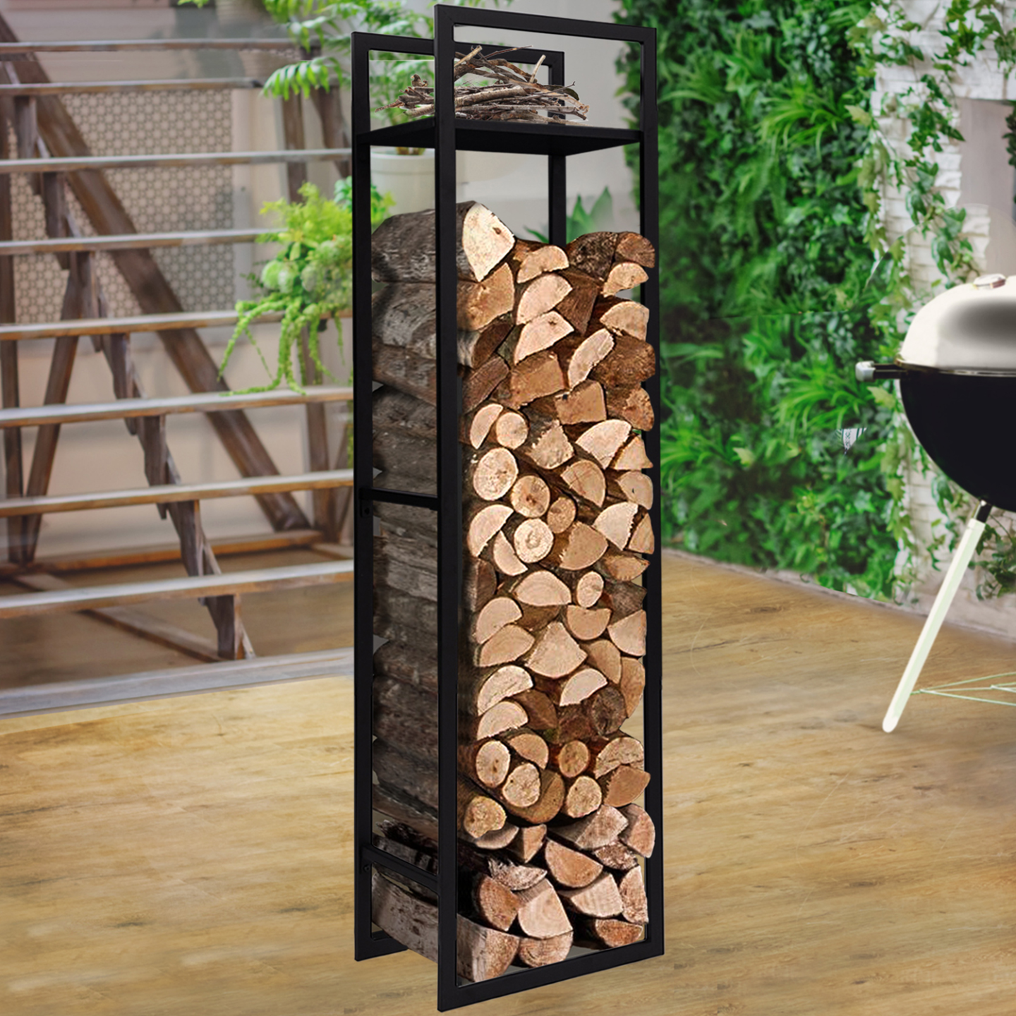 Range bûches vertical acier noir avec étagère H.170 CM pour cheminée - Image 5