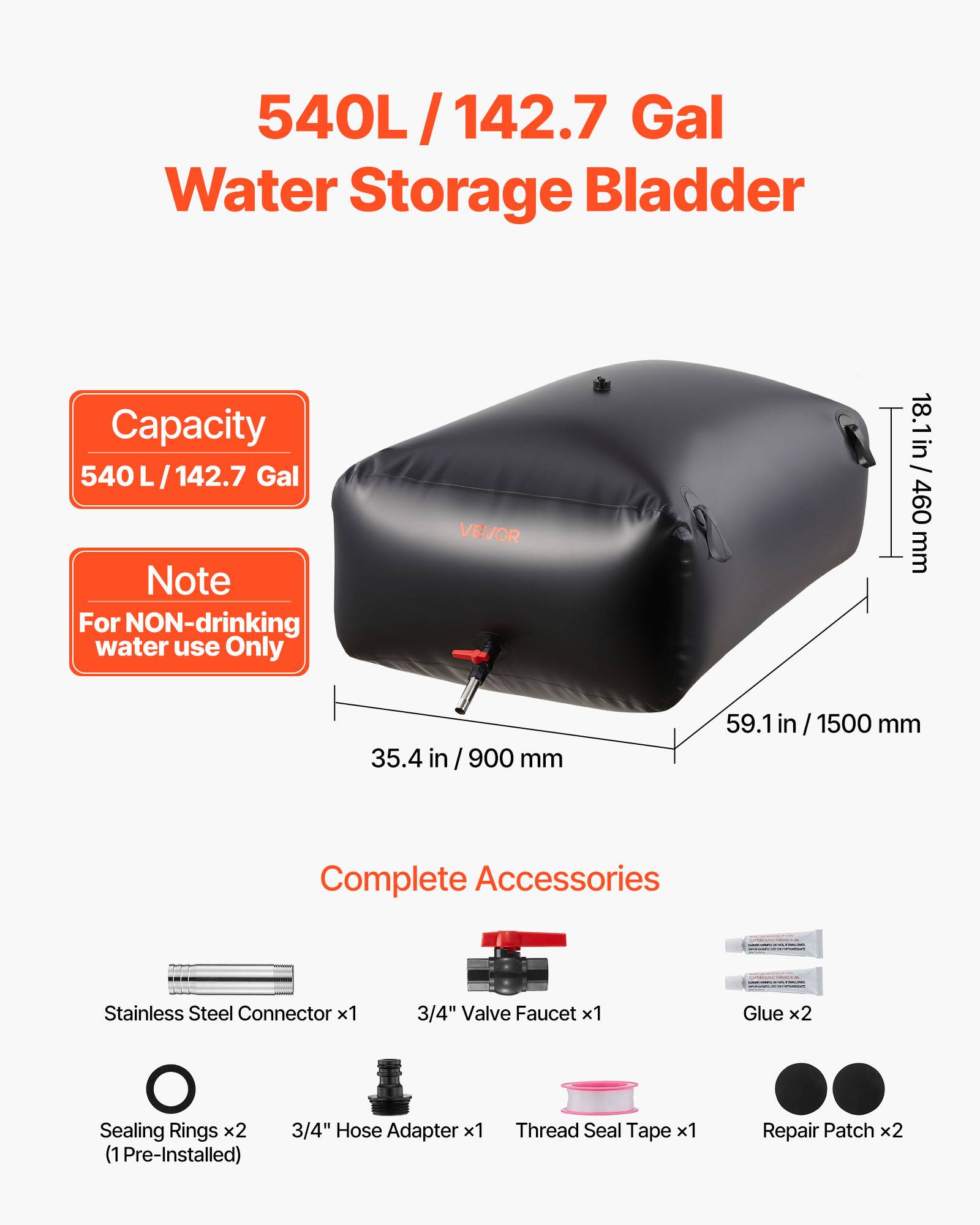 VEVOR Réservoir d'Eau Souple Vessie de Stockage Eau Pliable en PVC 540 L Noir - Image 2