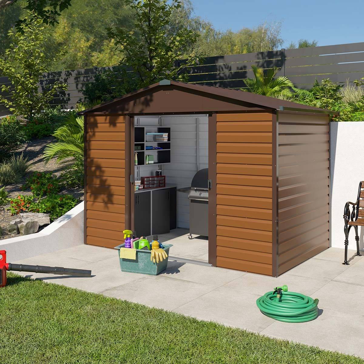 Yardmaster - Abri de jardin métal imitation bois 5,30 m2 Yardmaster + kit d'ancrage + lampe magnétique - Image 8