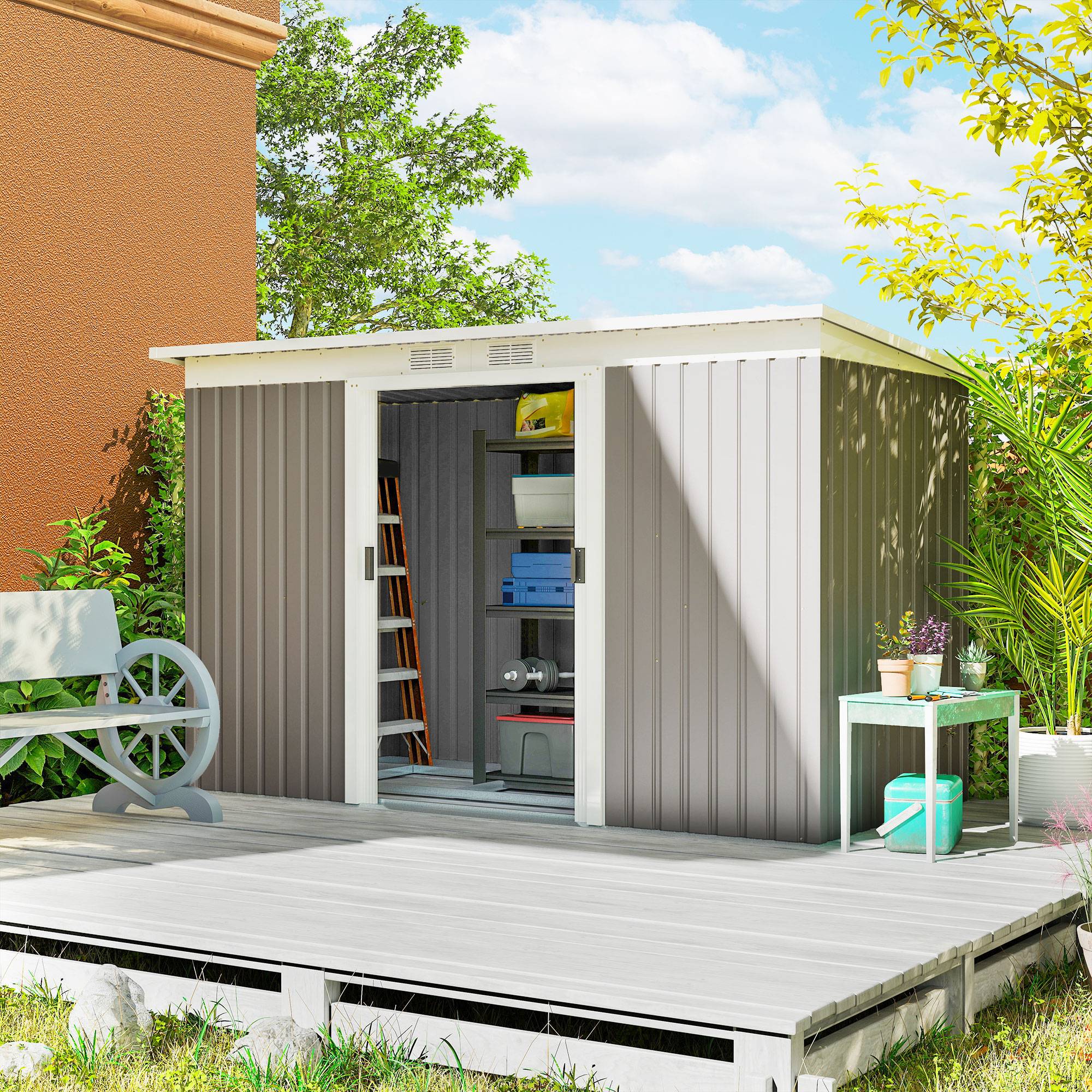 Abri de jardin extérieur 3,2 m² 280 x 130 x 172 cm avec portes coulissantes et ventilation, gris clair - Image 3