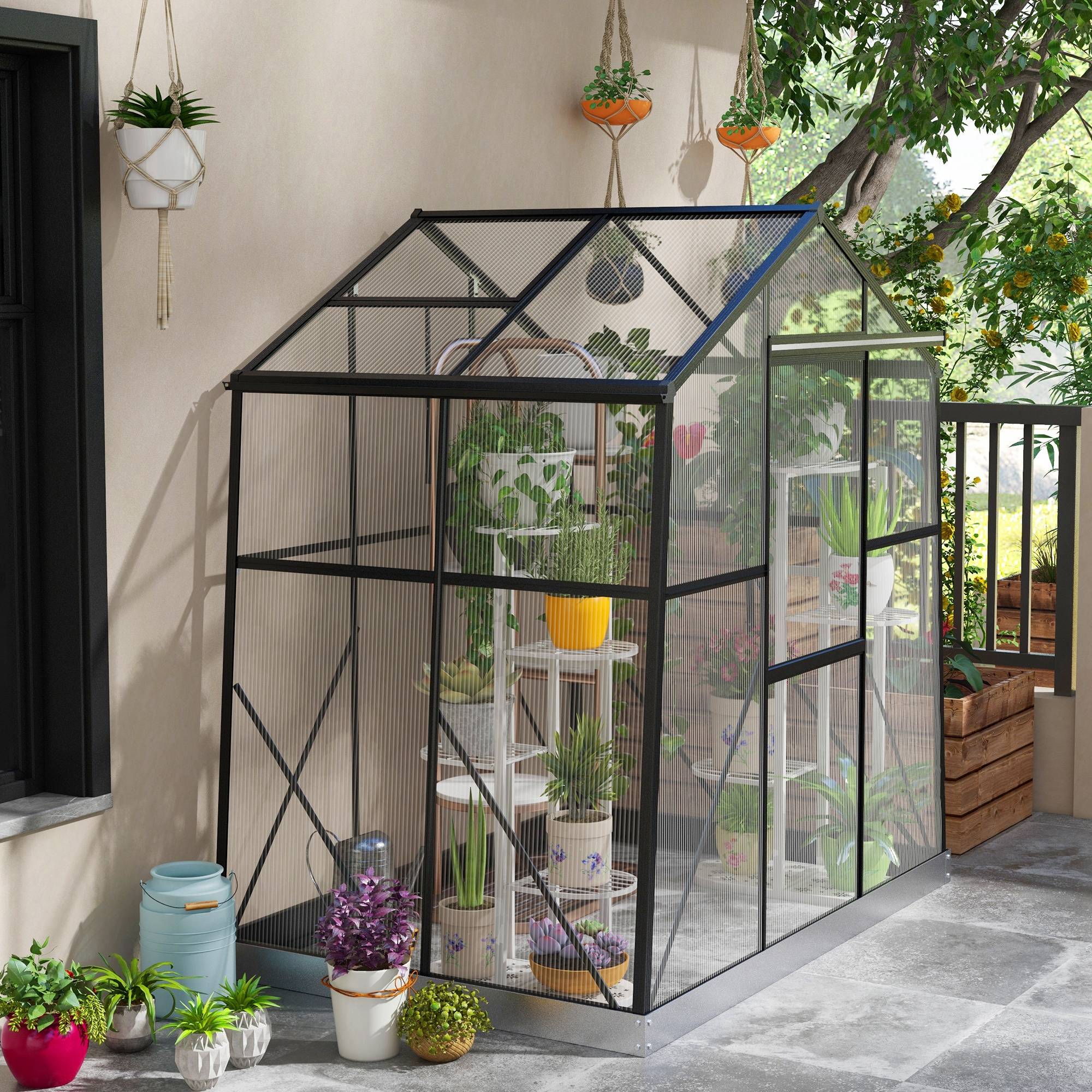 Serre polycarbonate aluminium pour jardin potager porte coulissante 192x131x203cm noir - ComfortXL Outdoor Living - Image 3