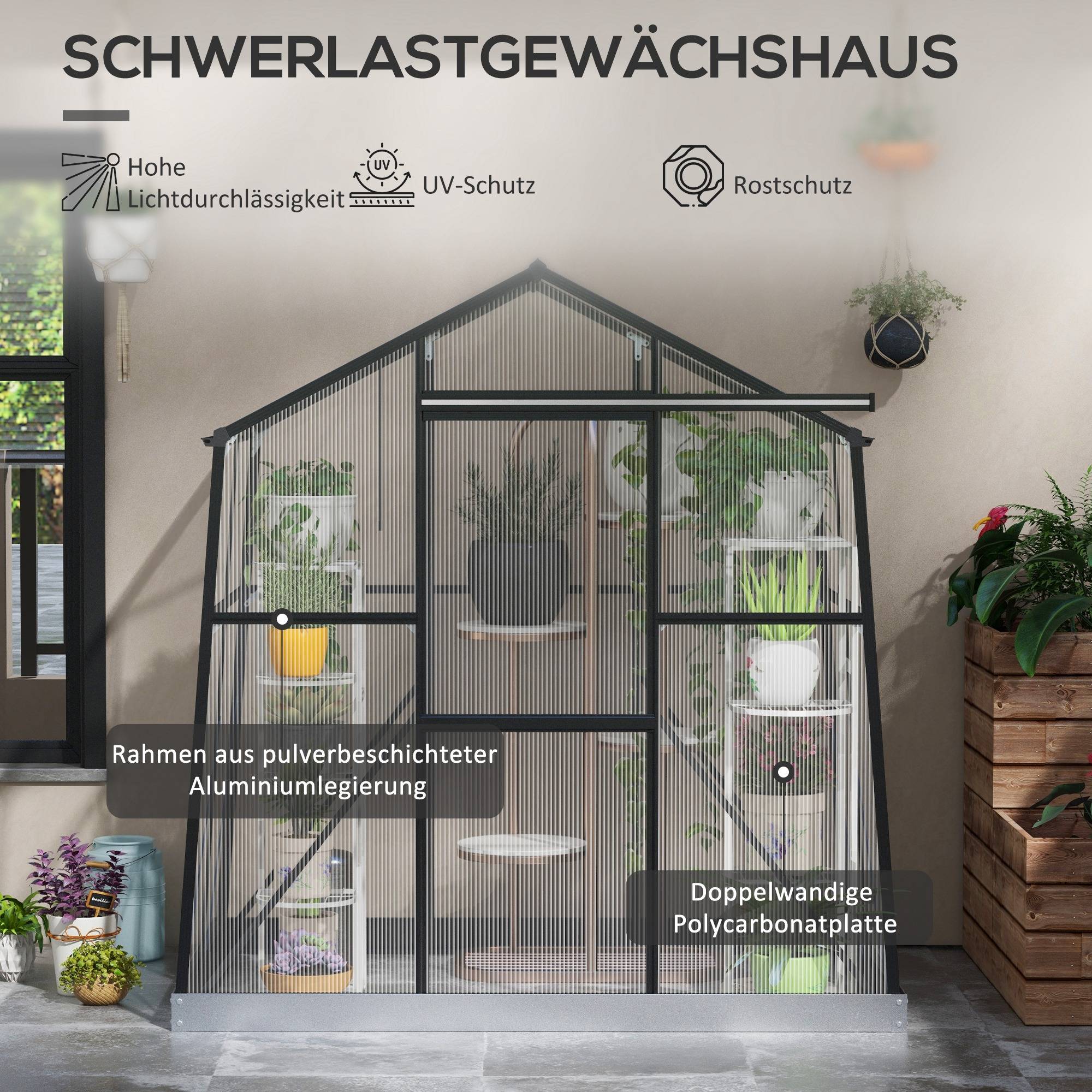 Serre polycarbonate aluminium pour jardin potager porte coulissante 192x131x203cm noir - ComfortXL Outdoor Living - Image 6
