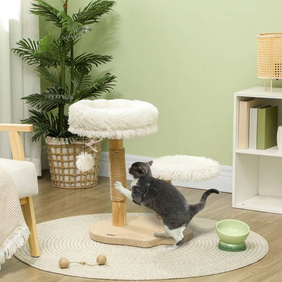 Arbre à chat bois et peluche blanc 50 x 47 x 61.5 cm - PANGIVO - Image 3