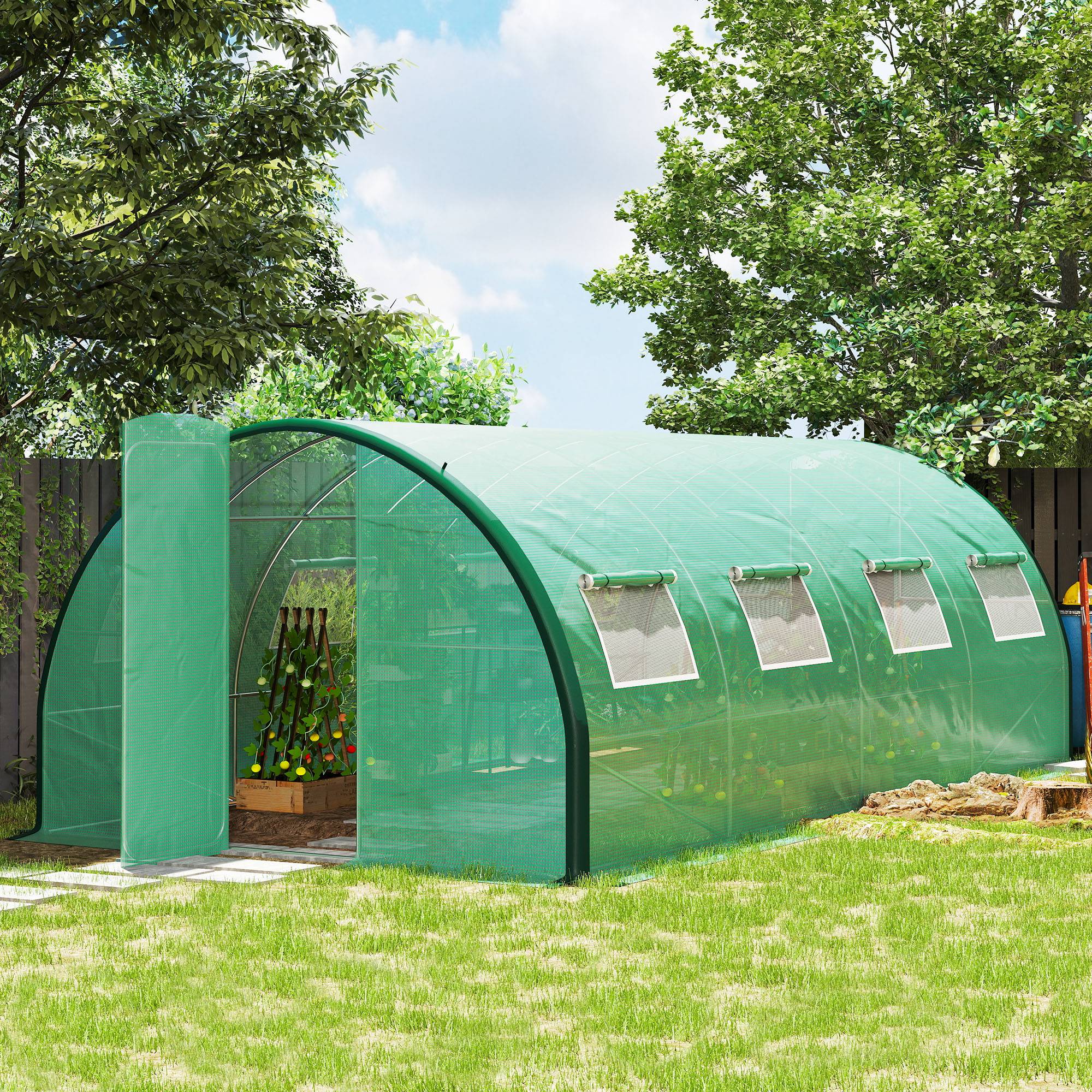 Sans Marque - Serre jardin tunnel 18m² 8 fenêtres 2 portes articulées toile PE fer galvanisé vert - Image 3