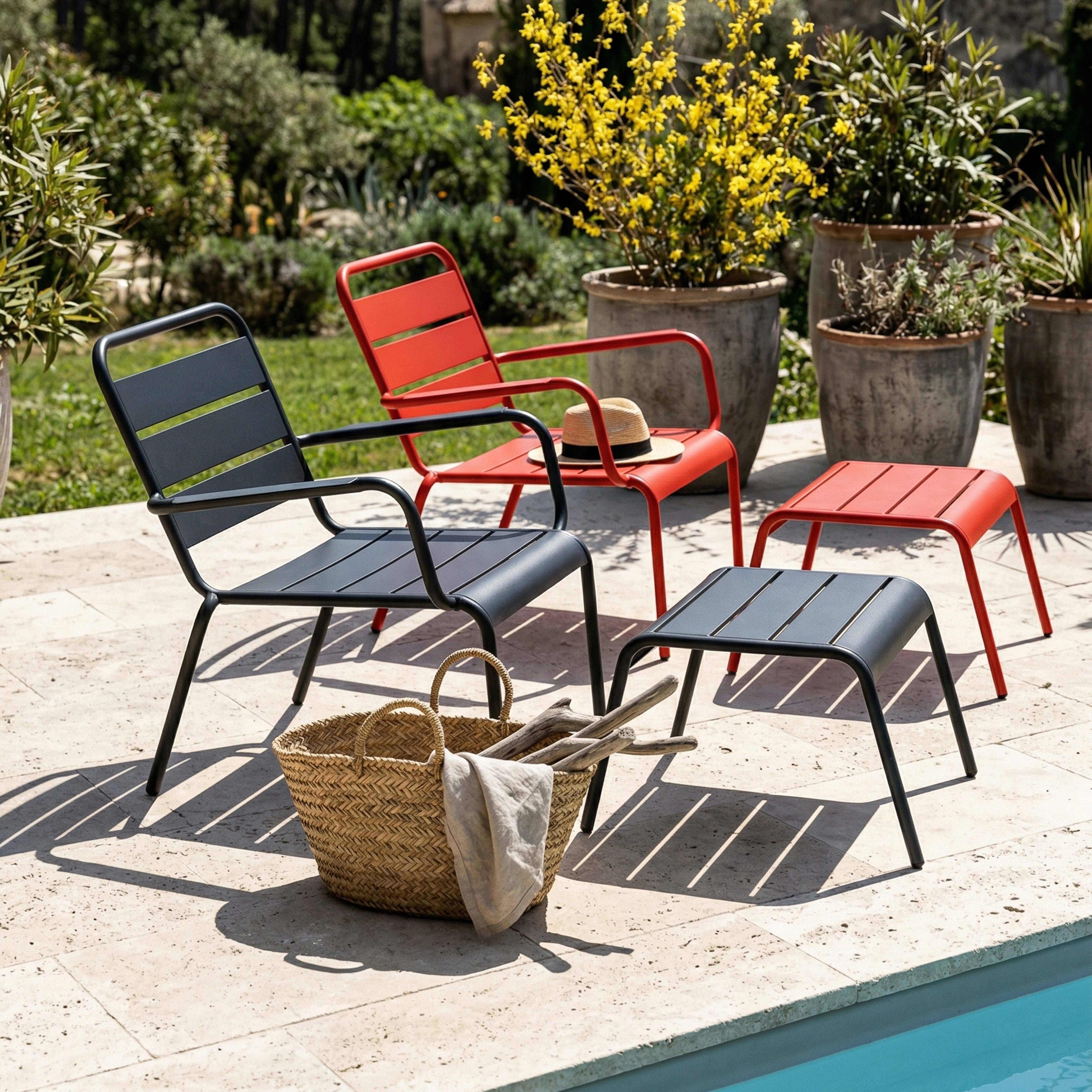 Oviala - Lot 2 fauteuils relax avec repose-pieds métal gris et rouge Palavas - Oviala - Imagen 2