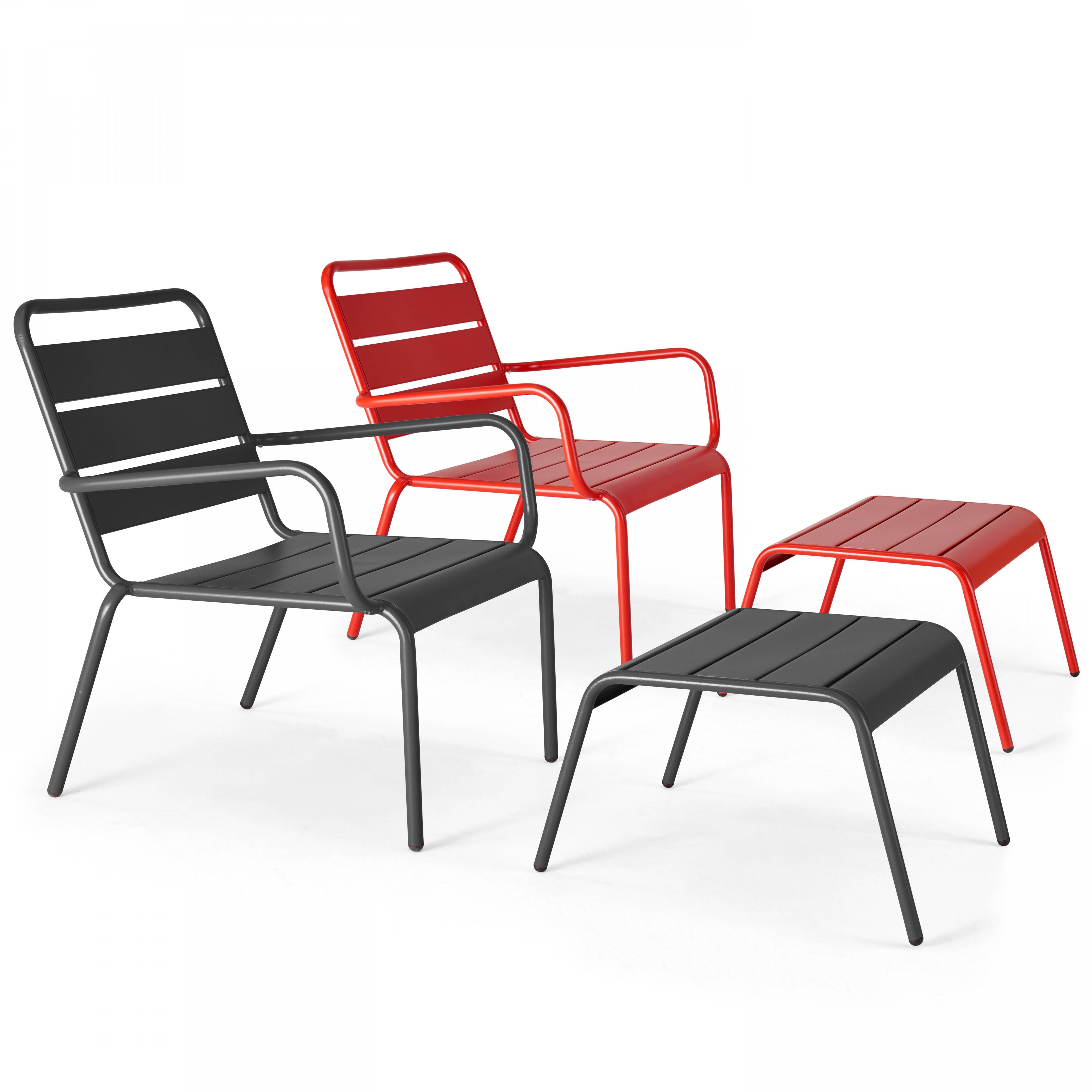 Oviala - Lot 2 fauteuils relax avec repose-pieds métal gris et rouge Palavas - Oviala - Imagen 1