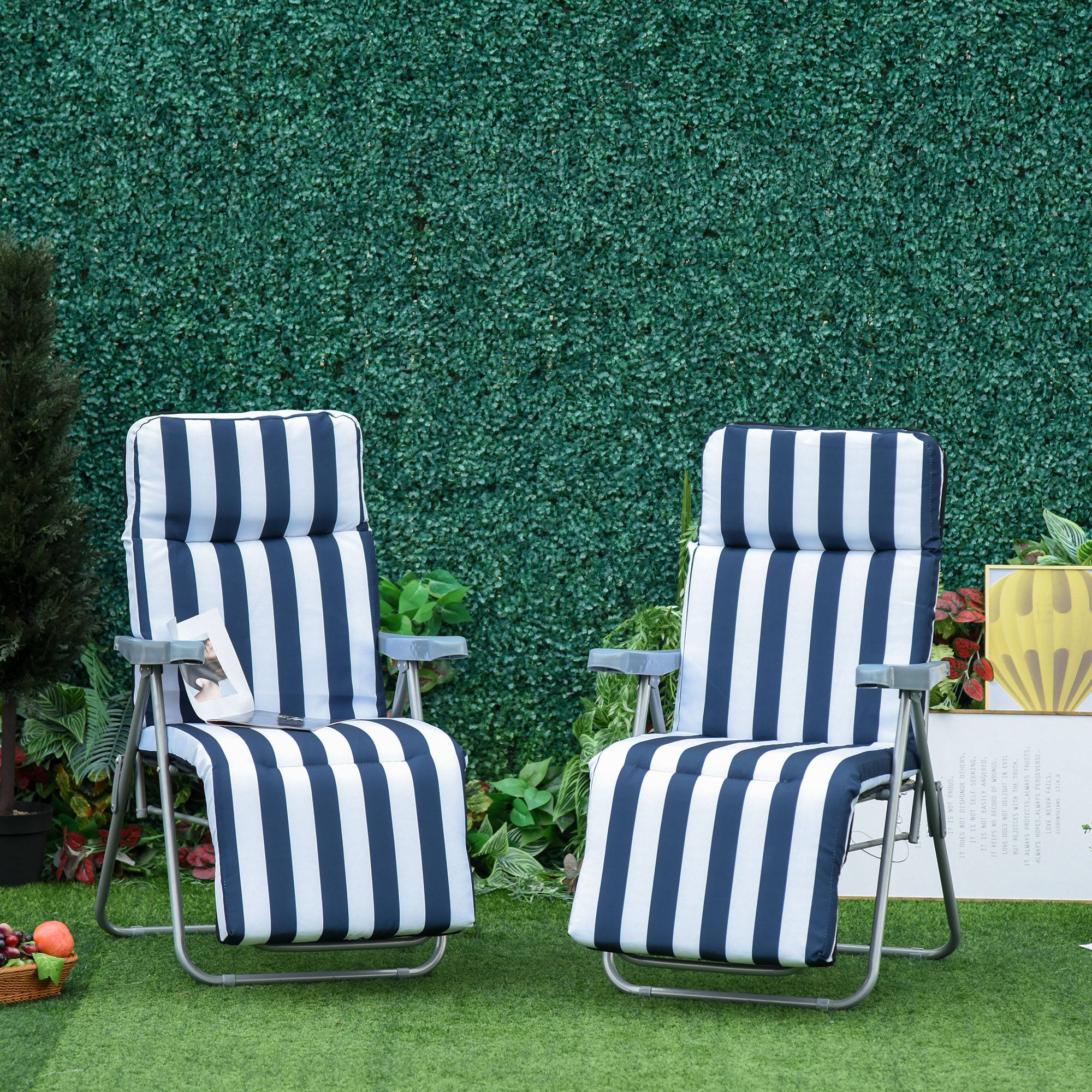 2 chaises longues pliantes de jardin avec accoudoirs, pliables, 5 positions, coussin, bleues, 60 x 75 x 102 cm - Image 4