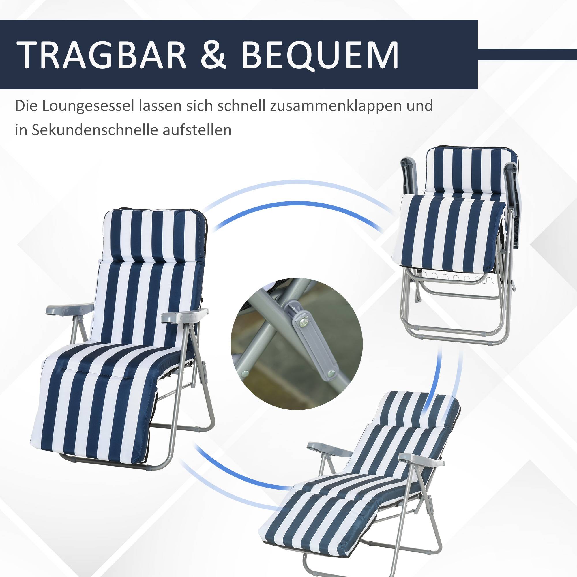 2 chaises longues pliantes de jardin avec accoudoirs, pliables, 5 positions, coussin, bleues, 60 x 75 x 102 cm - Image 8
