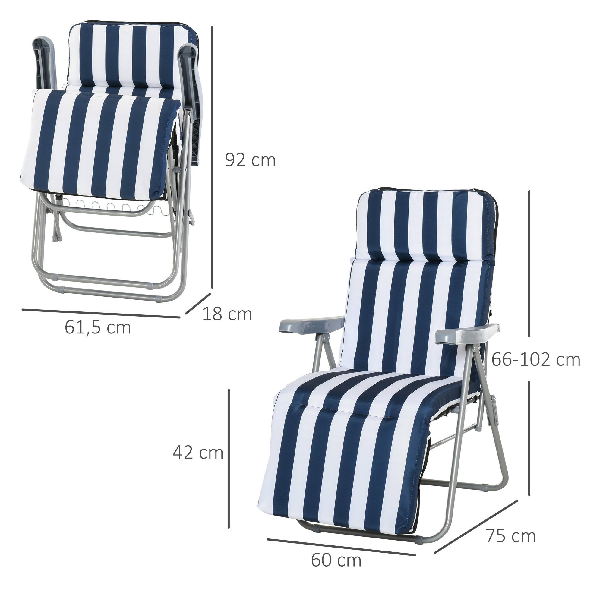 2 chaises longues pliantes de jardin avec accoudoirs, pliables, 5 positions, coussin, bleues, 60 x 75 x 102 cm - Image 5