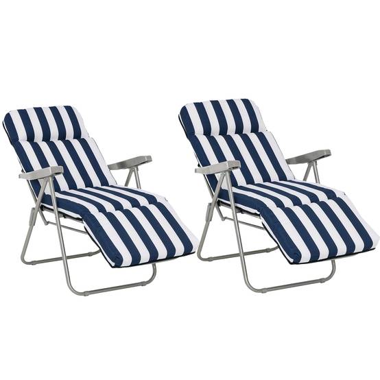 2 chaises longues pliantes de jardin avec accoudoirs, pliables, 5 positions, coussin, bleues, 60 x 75 x 102 cm - Image 1