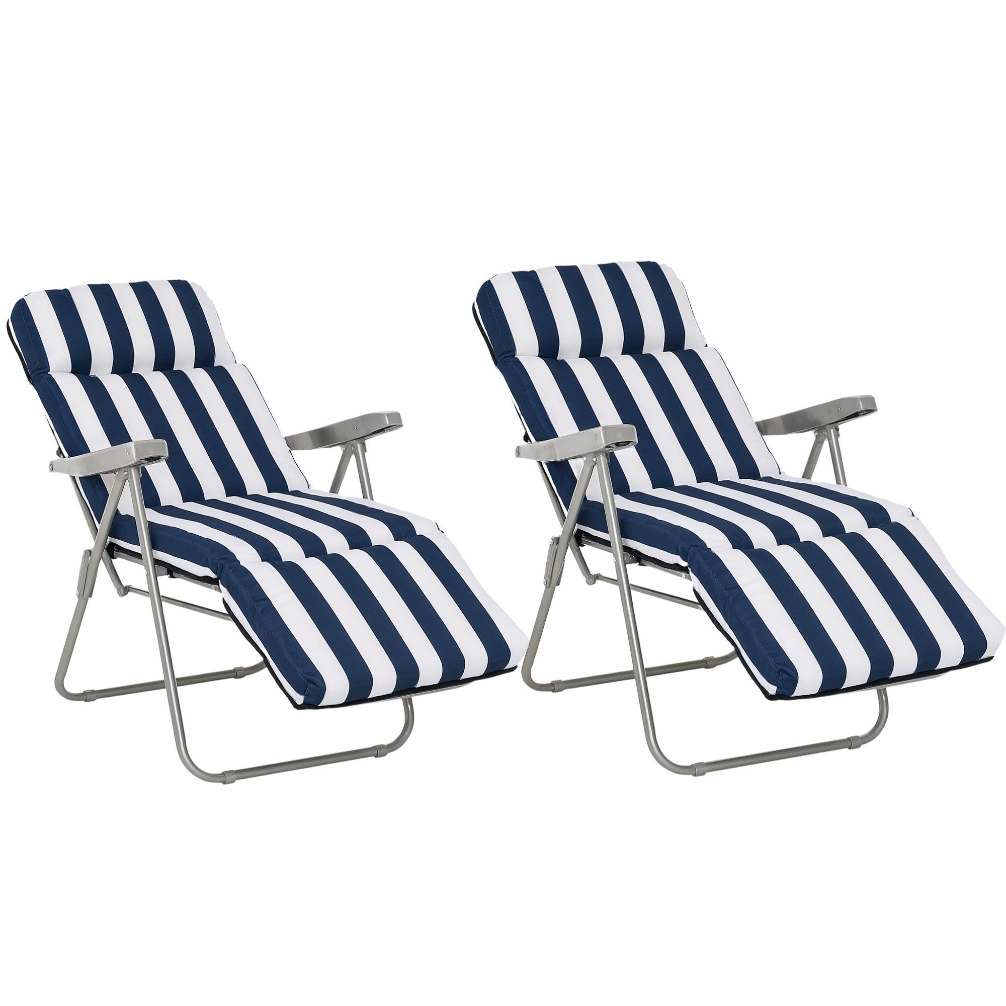 2 chaises longues pliantes de jardin avec accoudoirs, pliables, 5 positions, coussin, bleues, 60 x 75 x 102 cm - Image 1