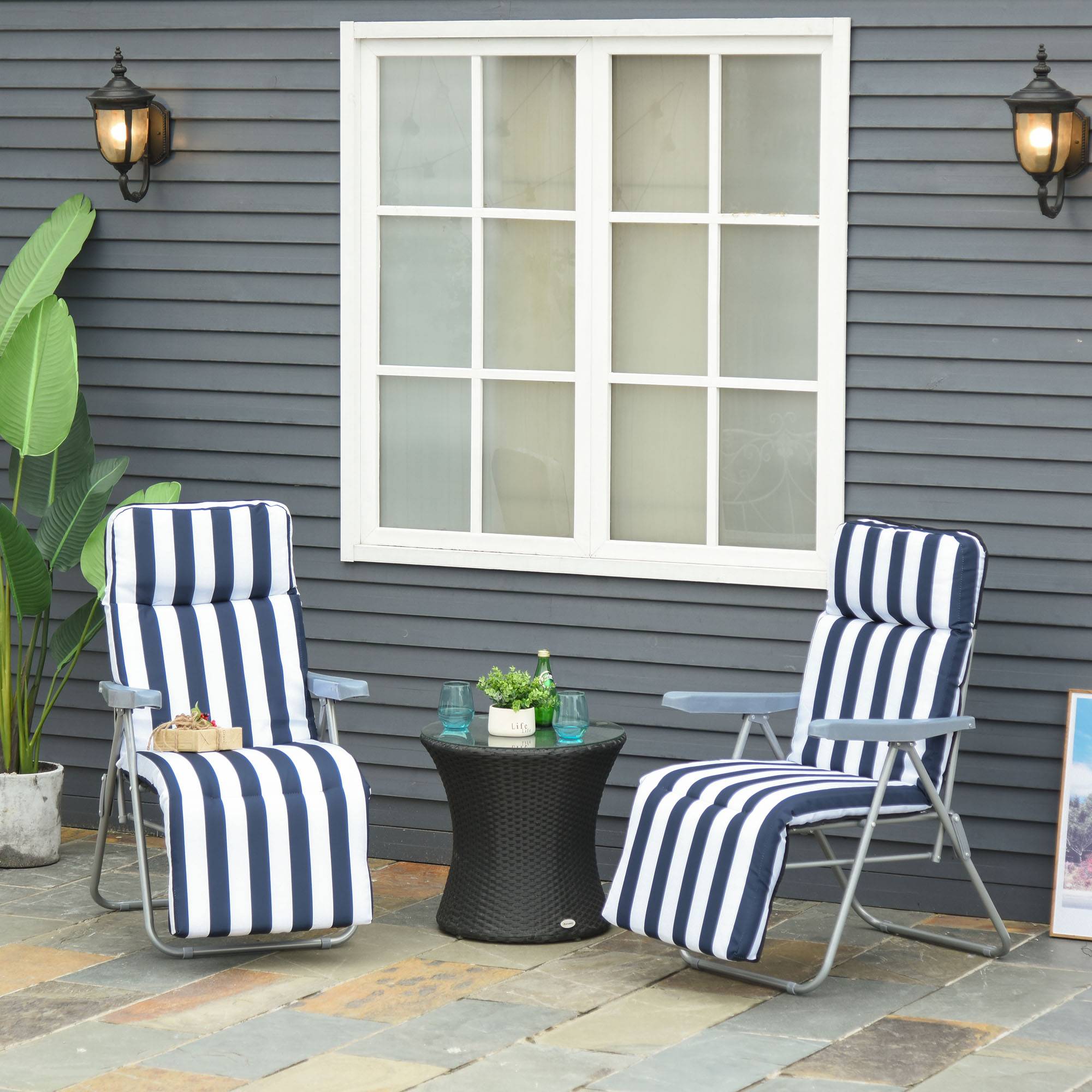 2 chaises longues pliantes de jardin avec accoudoirs, pliables, 5 positions, coussin, bleues, 60 x 75 x 102 cm - Image 3