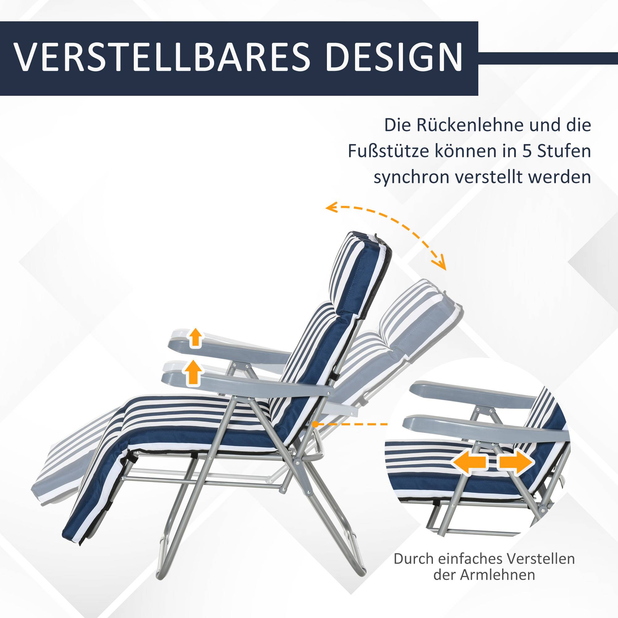 2 chaises longues pliantes de jardin avec accoudoirs, pliables, 5 positions, coussin, bleues, 60 x 75 x 102 cm - Image 6