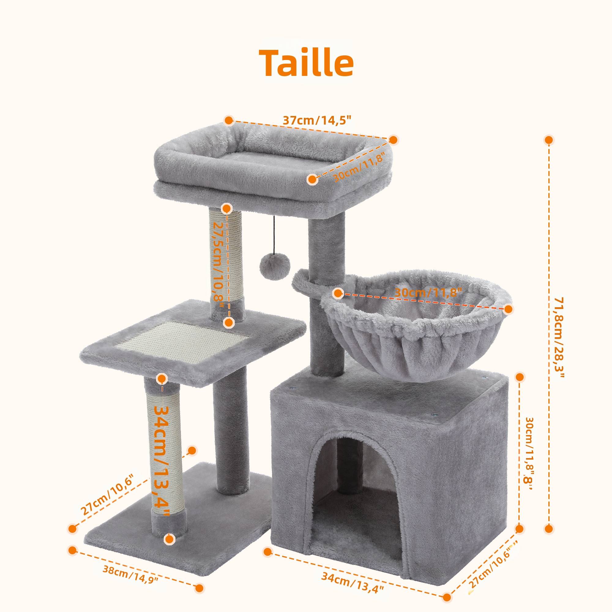 Petit Arbre à Chat 72 cm avec Hamac Gris PAWZ Road - Image 2