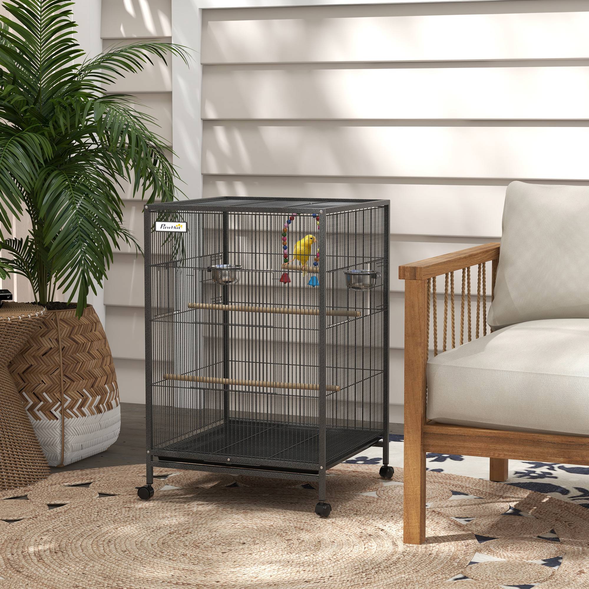 Cage à oiseaux à roulettes avec mangeoires, perchoirs et plateau amovible, 48 x 46 x 78 cm, grise - Image 4