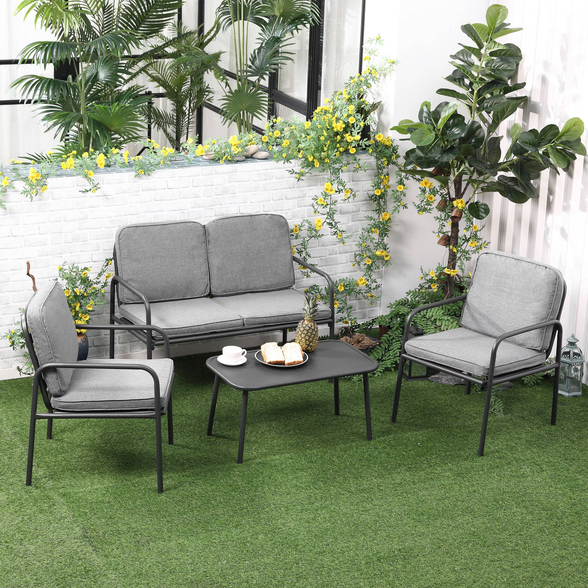 Outsunny - Ensemble salon de jardin 4 places 4 pièces - 8 coussins déhoussables inclus - métal époxy polyester gris - Outsunny - Imagen 2