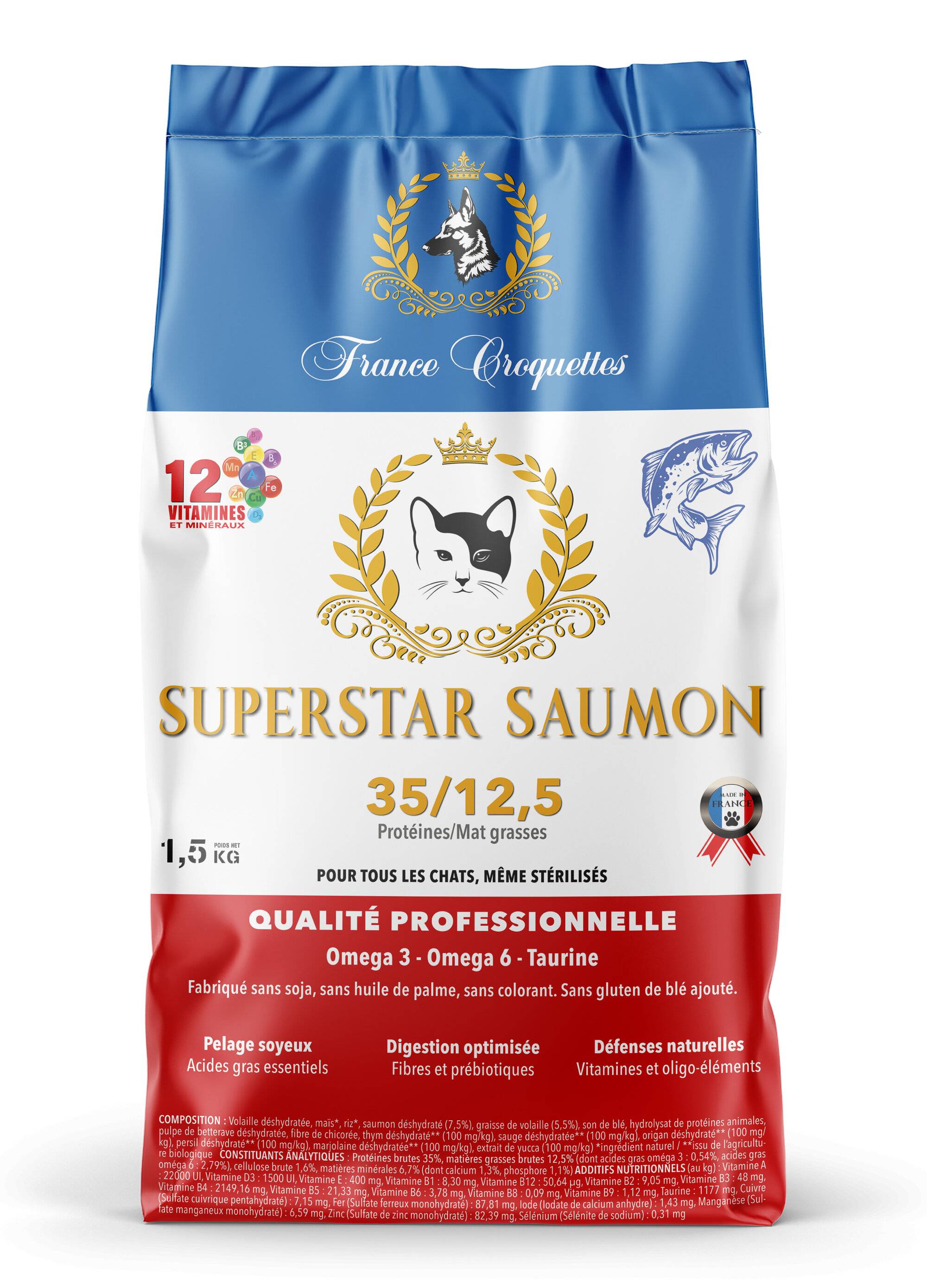 France Croquettes - croquette pour chat adulte super star saumon – 1,5kg – chat adulte digestion – france croquettes - Imagen 1