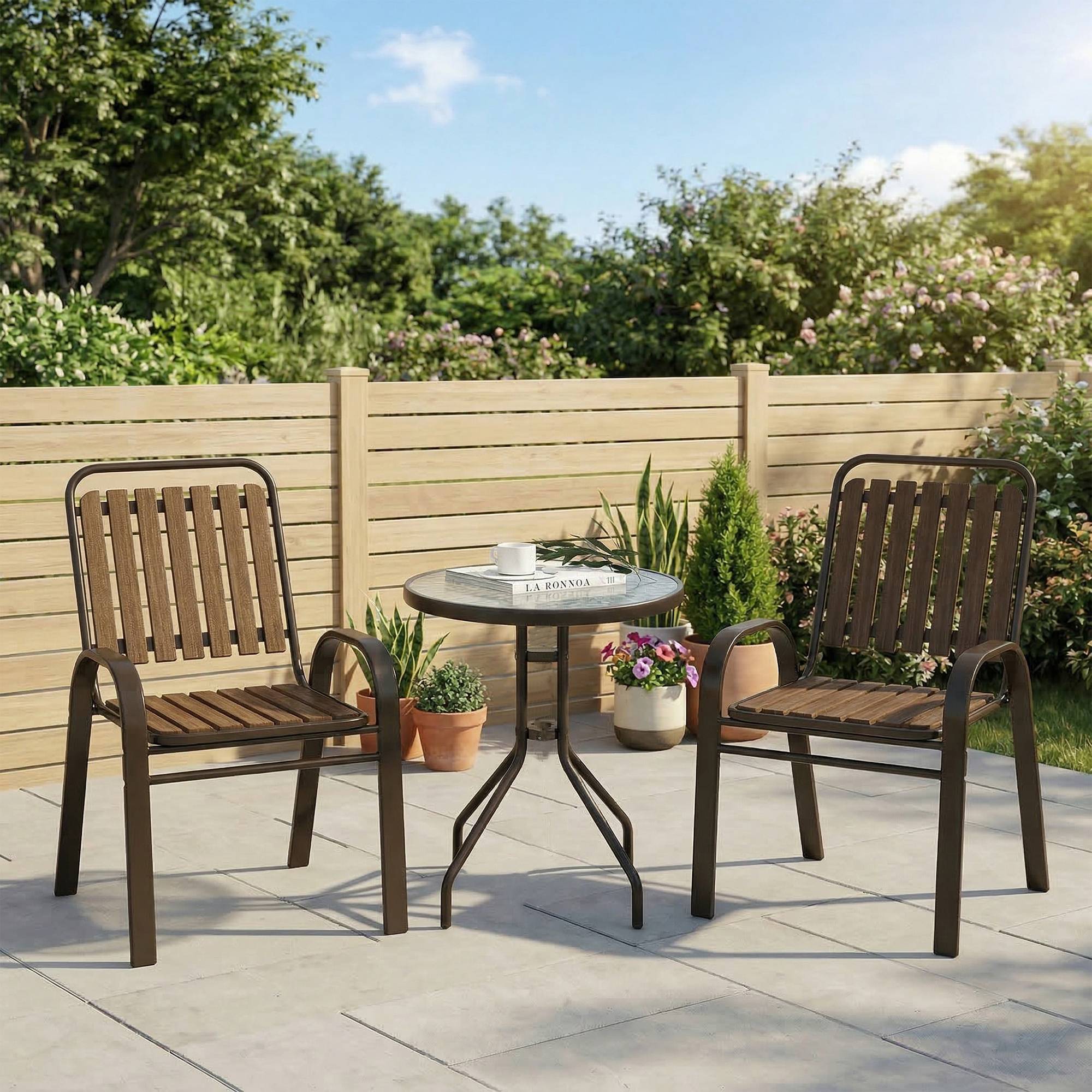 Ensemble de jardin 3 pièces acier et PP pour balcon chaises empilables marron - ComfortXL Outdoor Living - Image 3