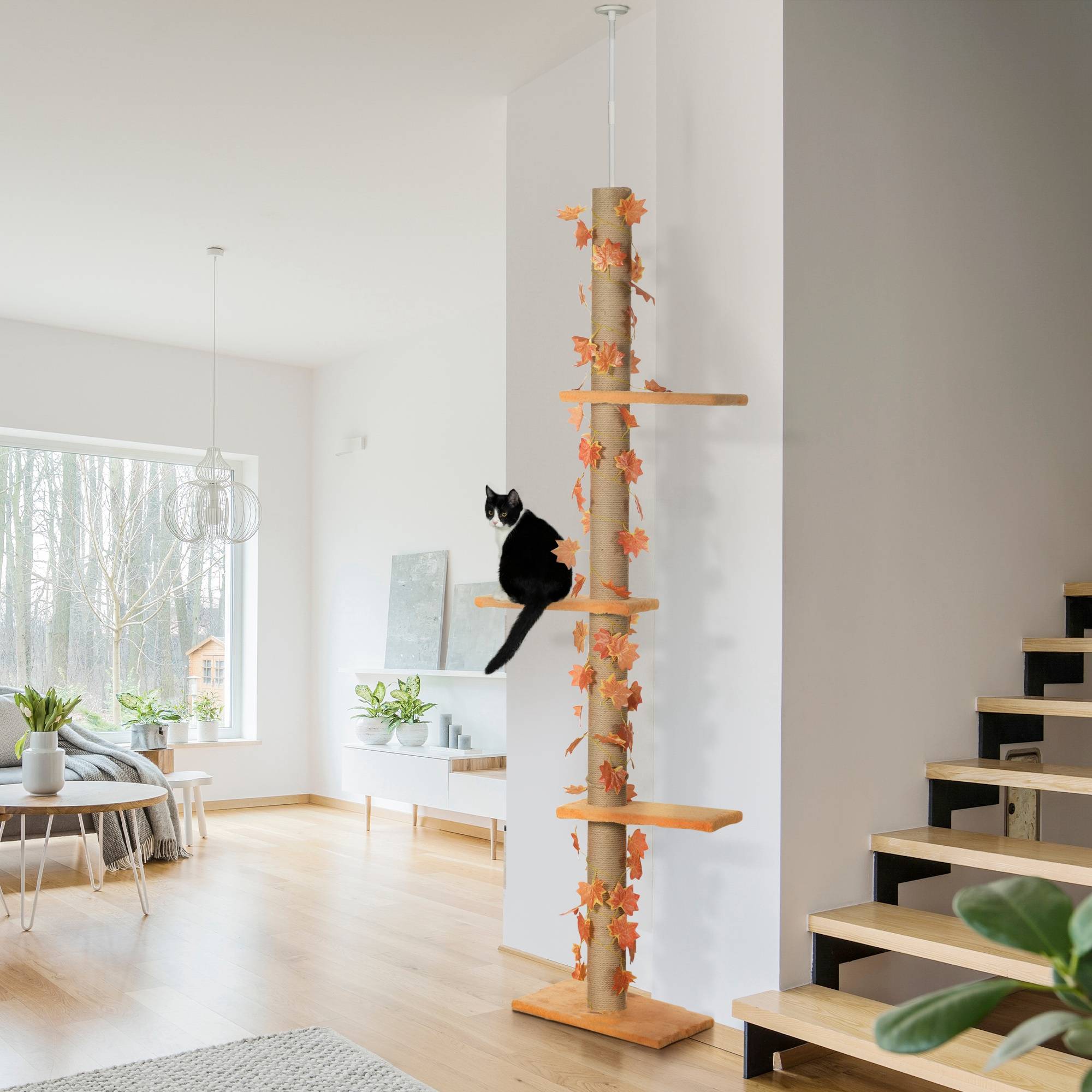 Arbre à chat du sol au plafond, 202-242 cm, avec 3 plateformes, hauteur réglable et décoration en feuille d'érable orange - Image 4