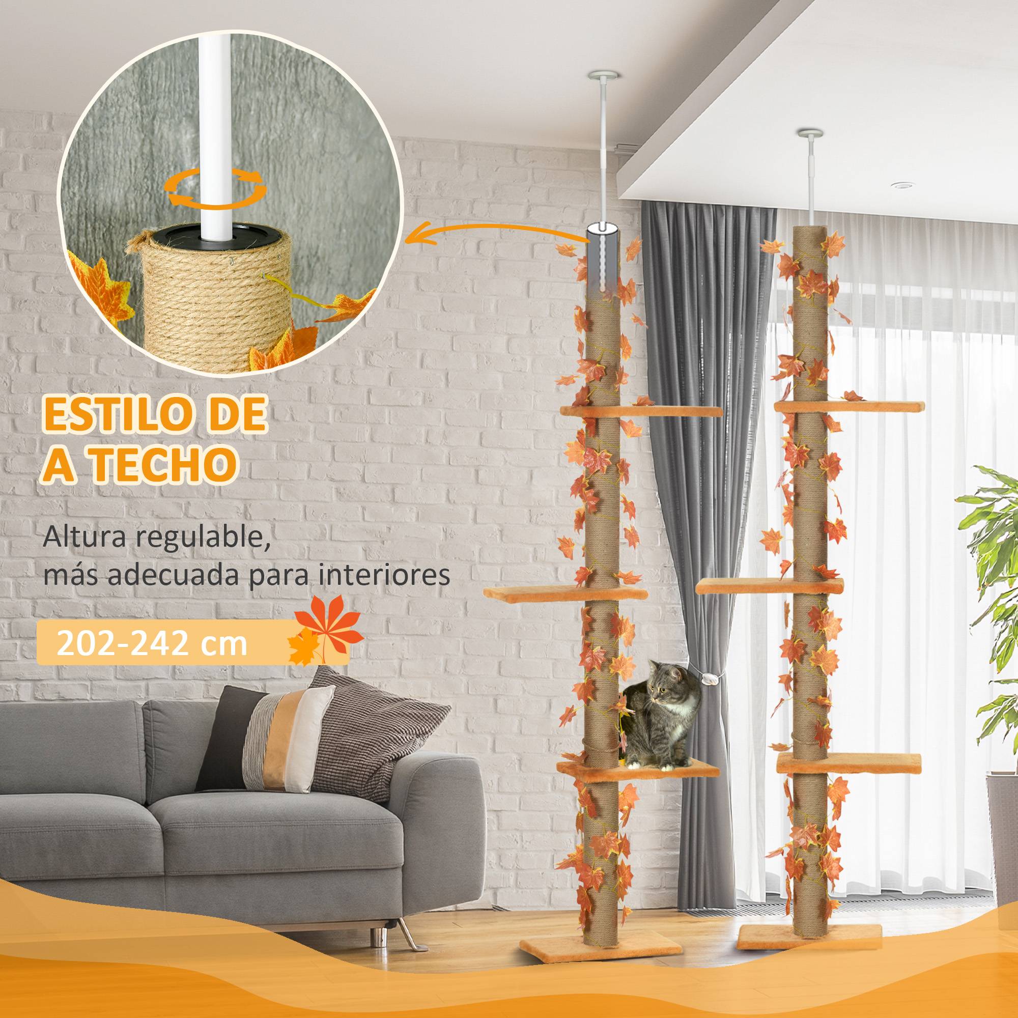 Arbre à chat du sol au plafond, 202-242 cm, avec 3 plateformes, hauteur réglable et décoration en feuille d'érable orange - Image 7