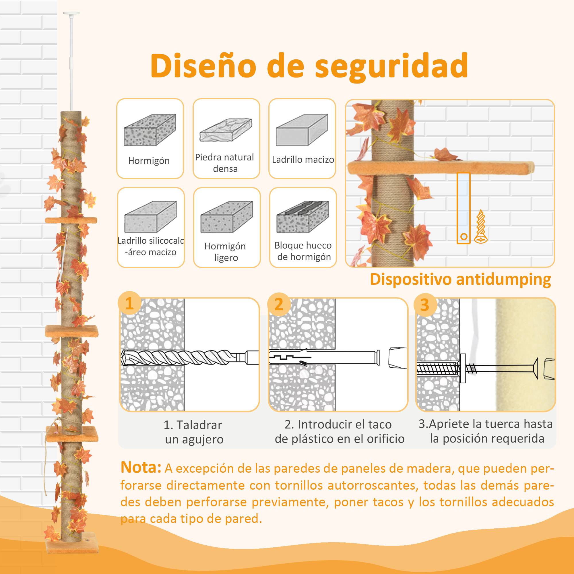 Arbre à chat du sol au plafond, 202-242 cm, avec 3 plateformes, hauteur réglable et décoration en feuille d'érable orange - Image 9