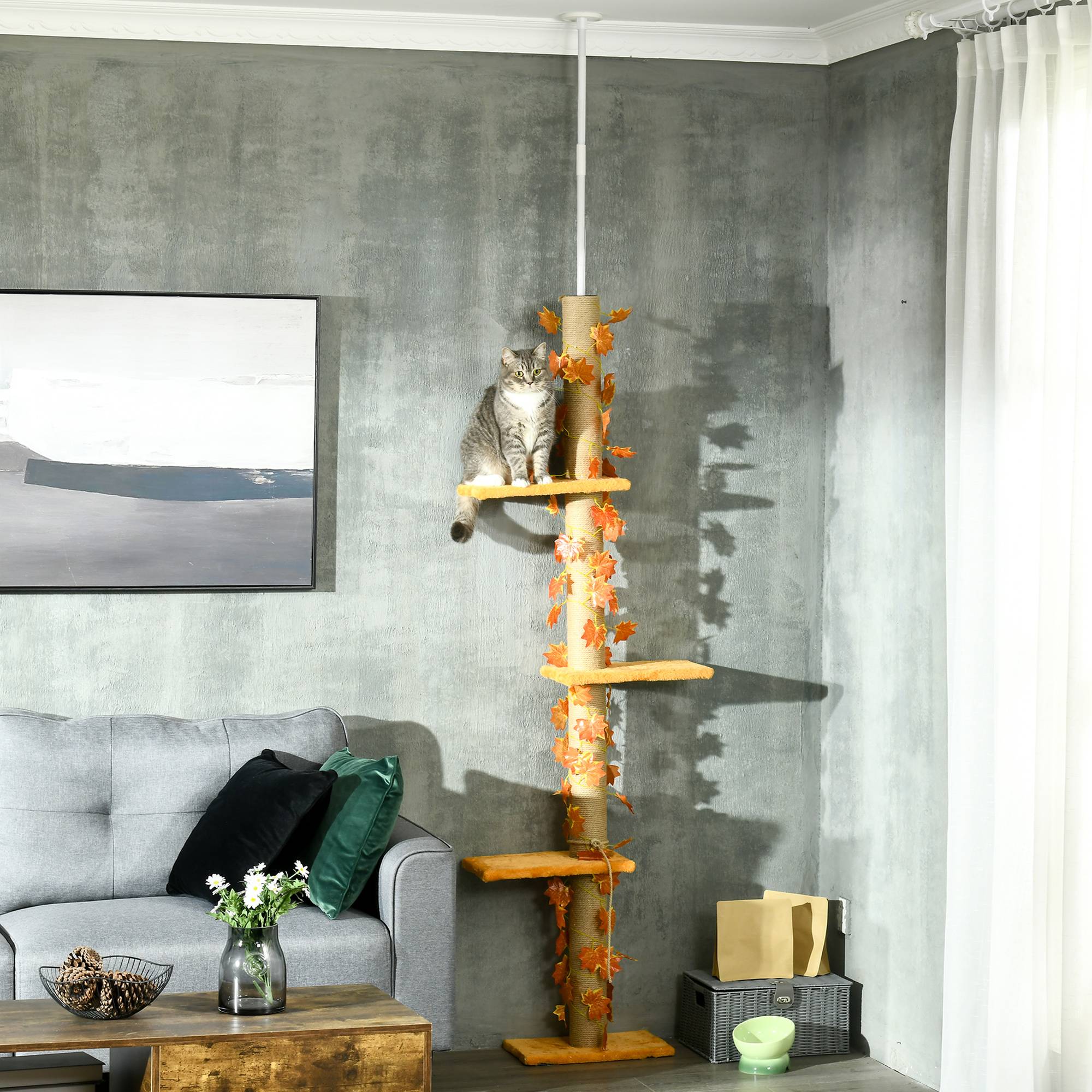 Arbre à chat du sol au plafond, 202-242 cm, avec 3 plateformes, hauteur réglable et décoration en feuille d'érable orange - Image 3