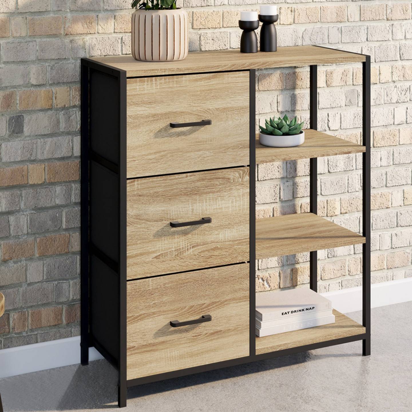 Buffet d'appoint 3 tiroirs et étagères 70 cm UTAH design industriel - Image 1