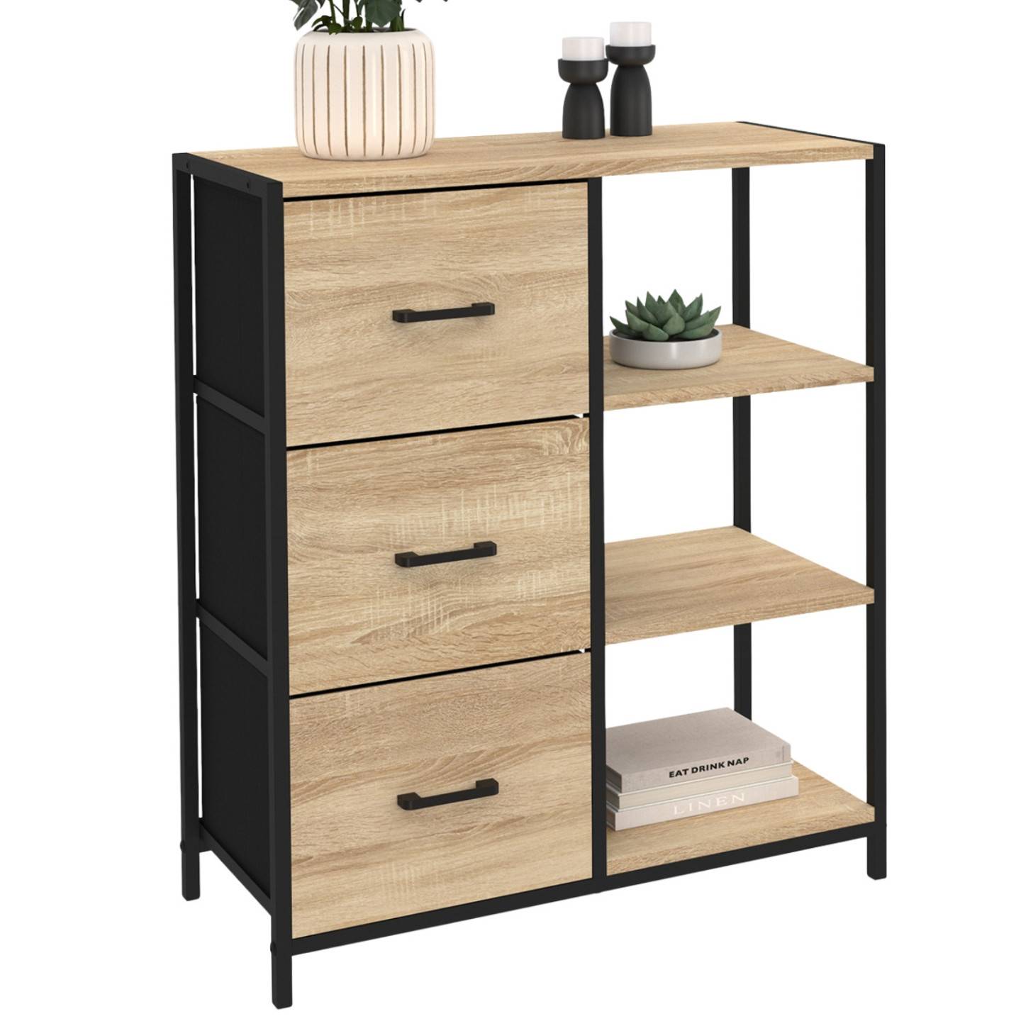 Buffet d'appoint 3 tiroirs et étagères 70 cm UTAH design industriel - Image 2