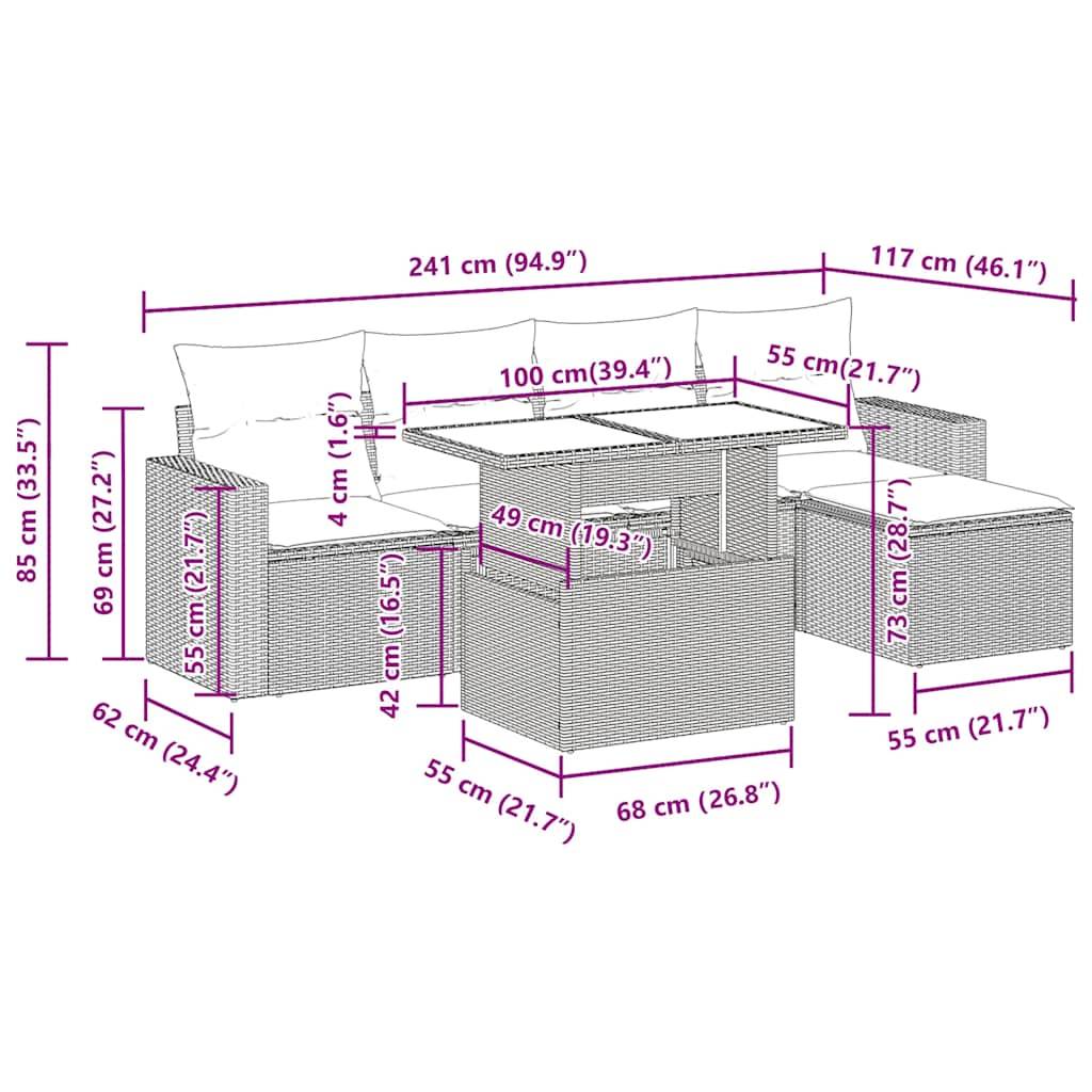 Salon d'Extérieur 6 pcs Résine Tressée Gris avec Pouf Table Relevable et Coussins Déhoussables – ComfortXL Outdoor Living - Image 5