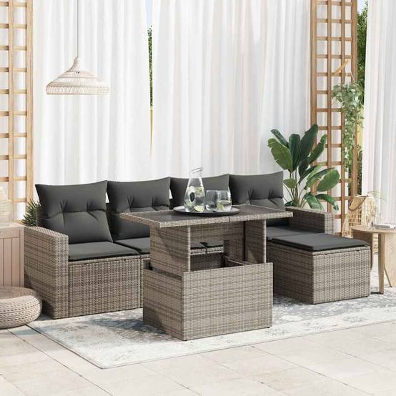 Salon d'Extérieur 6 pcs Résine Tressée Gris avec Pouf Table Relevable et Coussins Déhoussables – ComfortXL Outdoor Living - Image 1