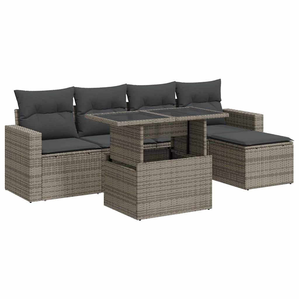 Salon d'Extérieur 6 pcs Résine Tressée Gris avec Pouf Table Relevable et Coussins Déhoussables – ComfortXL Outdoor Living - Image 2